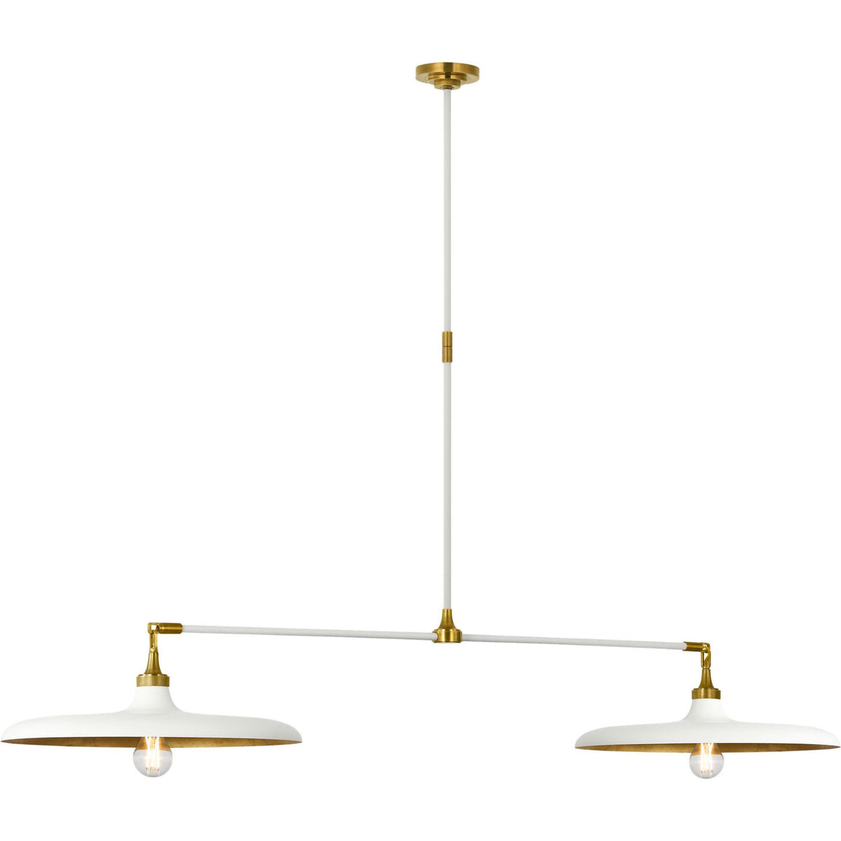 Thomas O'Brien Piatto 63" Linear Pendant in Hand-Rubbed Antique Brass and Plaster White with Plaster White Shade W18" x 63.25"