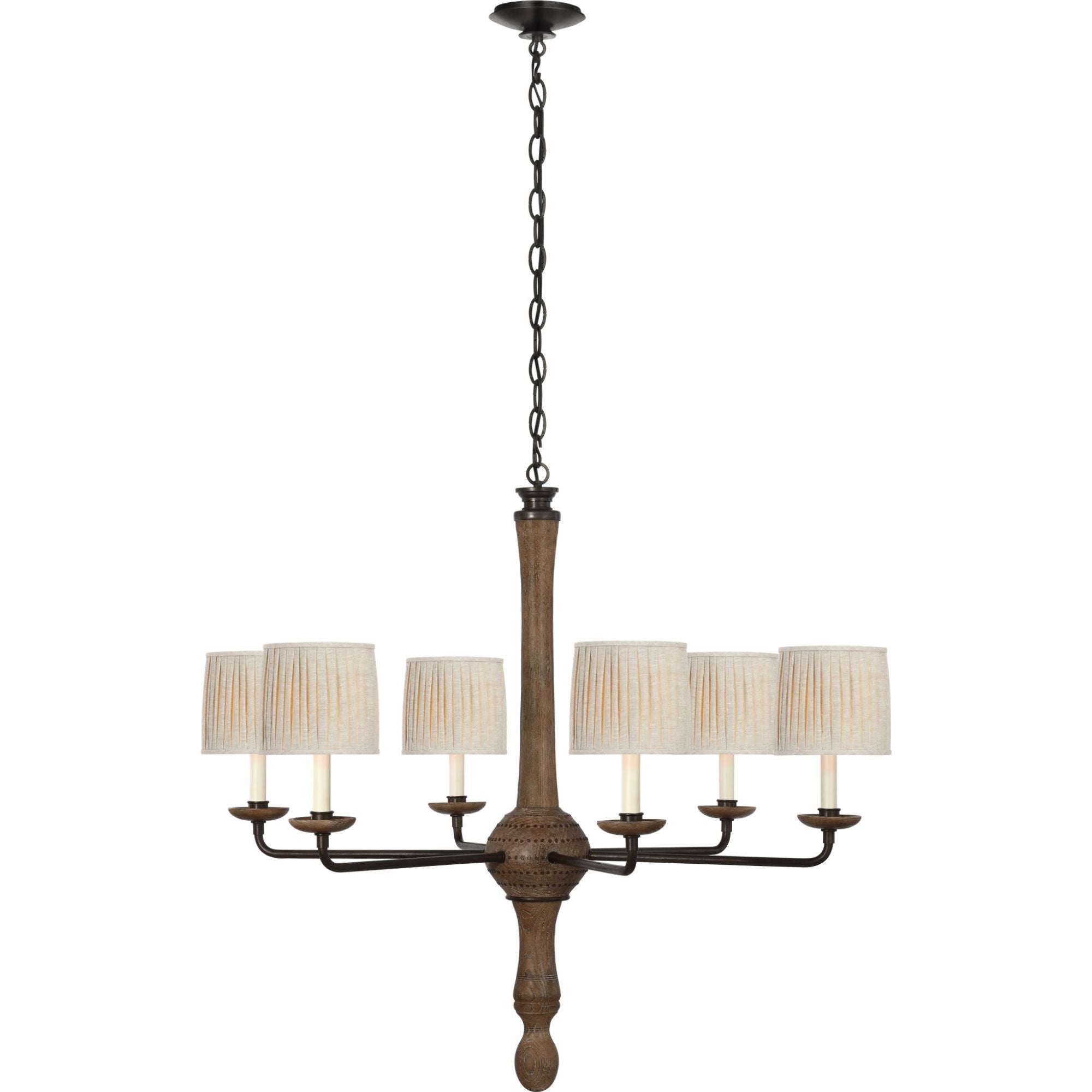 Thomas O'Brien Suzanna 38" Chandelier in Vintage Oak and Aged Iron with Natural Linen Flat Pleated Shades W38" x H34.25"