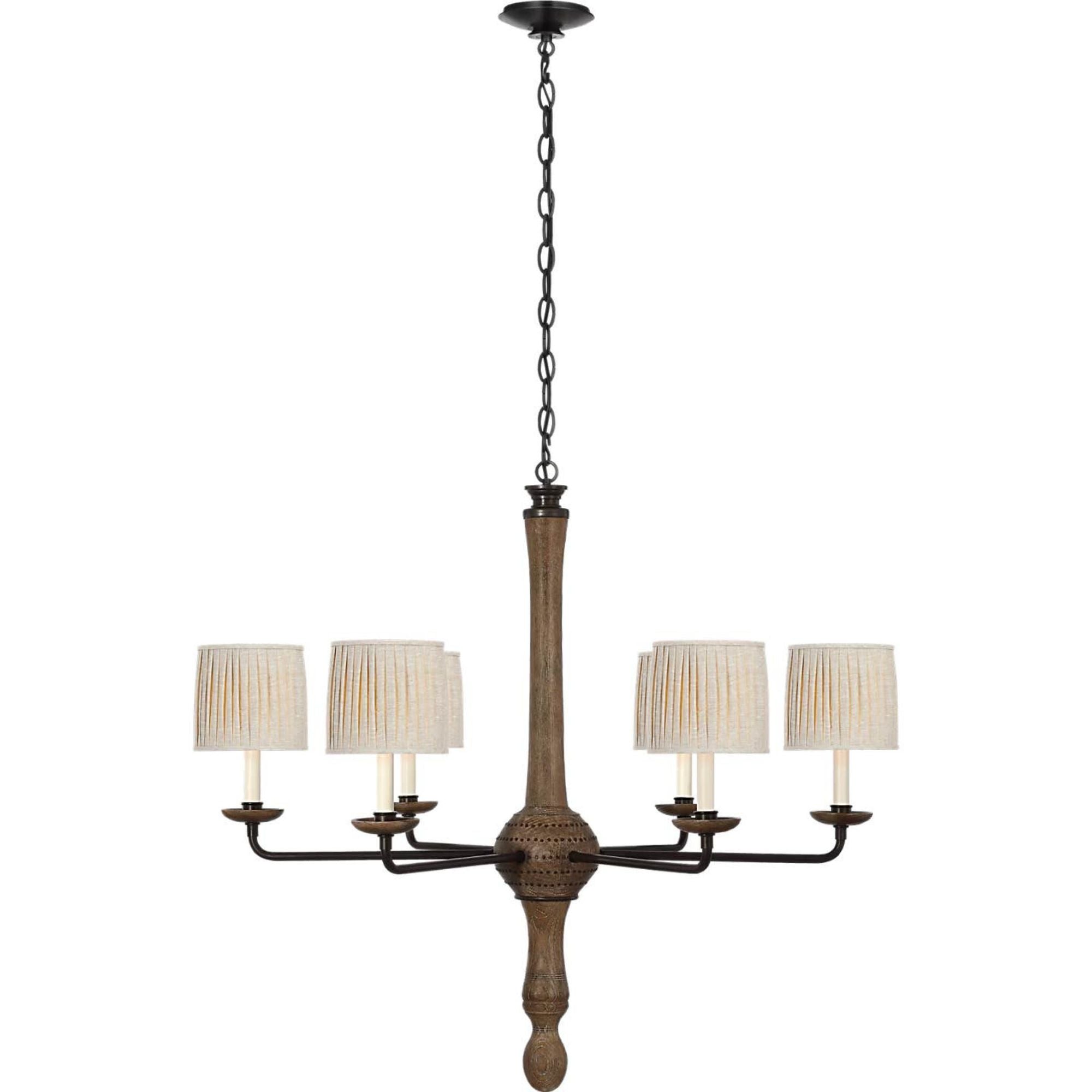 Thomas O'Brien Suzanna 38" Chandelier in Vintage Oak and Aged Iron with Natural Linen Flat Pleated Shades W38" x H34.25"