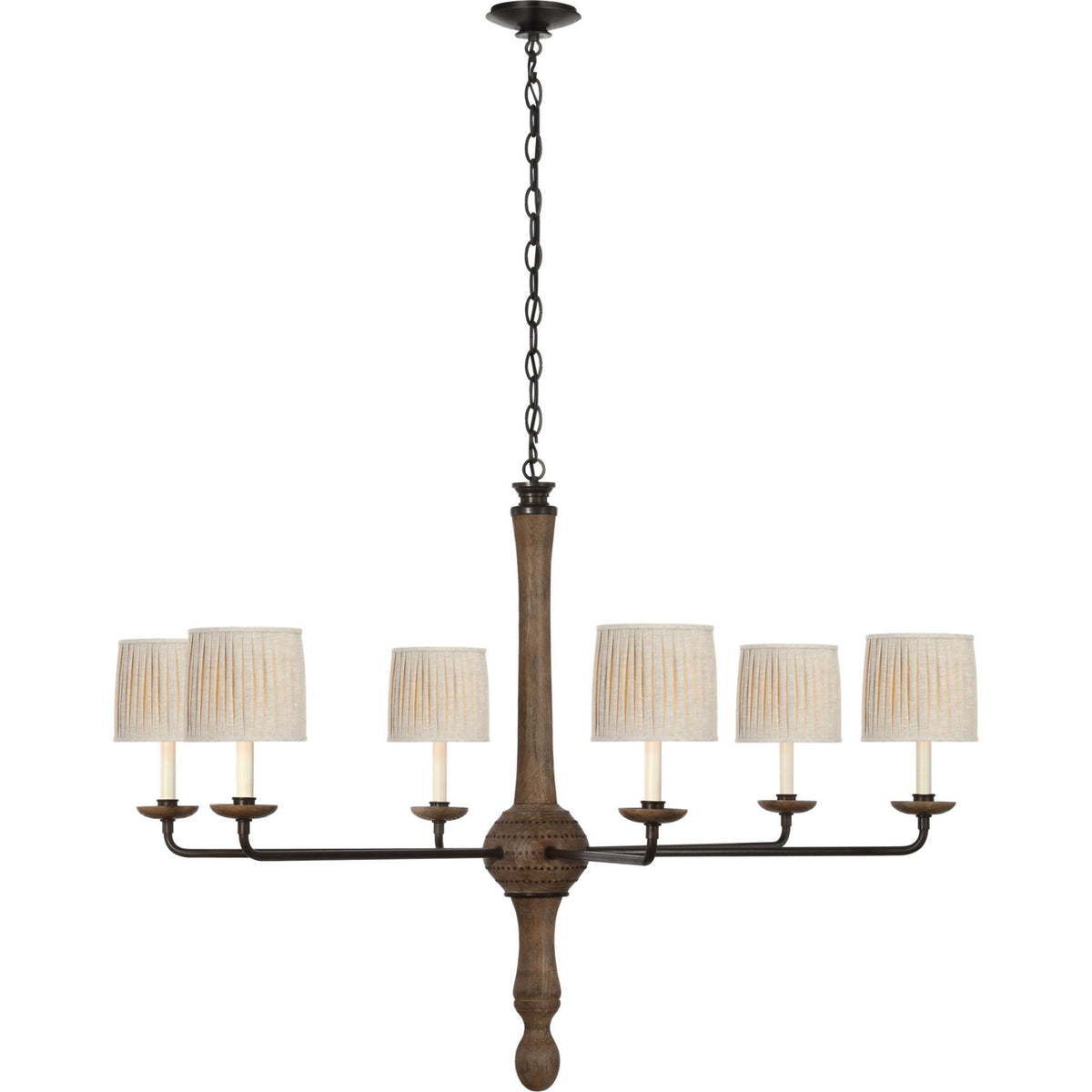 Thomas O'Brien Suzanna 48" Chandelier in Vintage Oak and Aged Iron with Natural Linen Flat Pleated Shades W48" x H34.25"