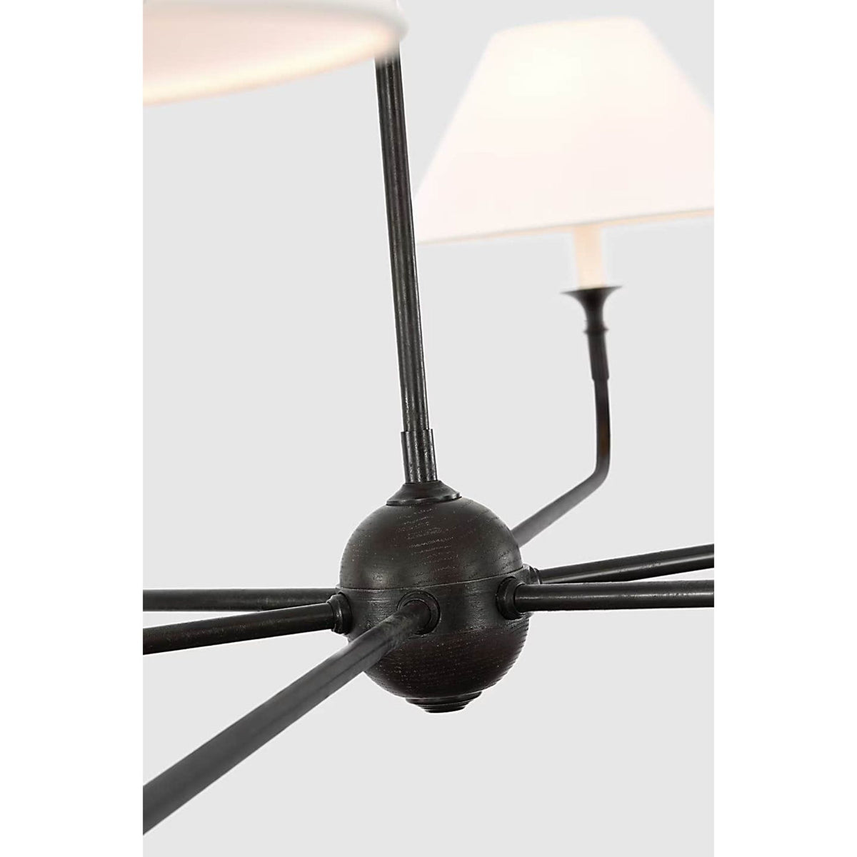 Thomas O'Brien Piaf Oversized Chandelier in Aged Iron and Ebonized Oak with Linen Shades W72"