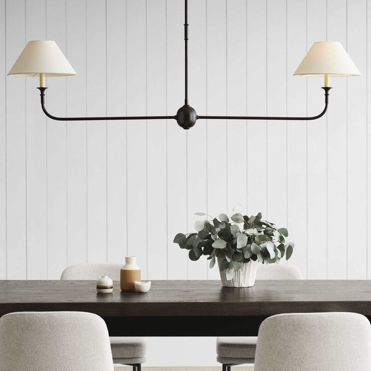 Thomas O'Brien Piaf Large Two Light Linear Pendant in Aged Iron and Ebonized Oak with Linen Shades W12" x 62"