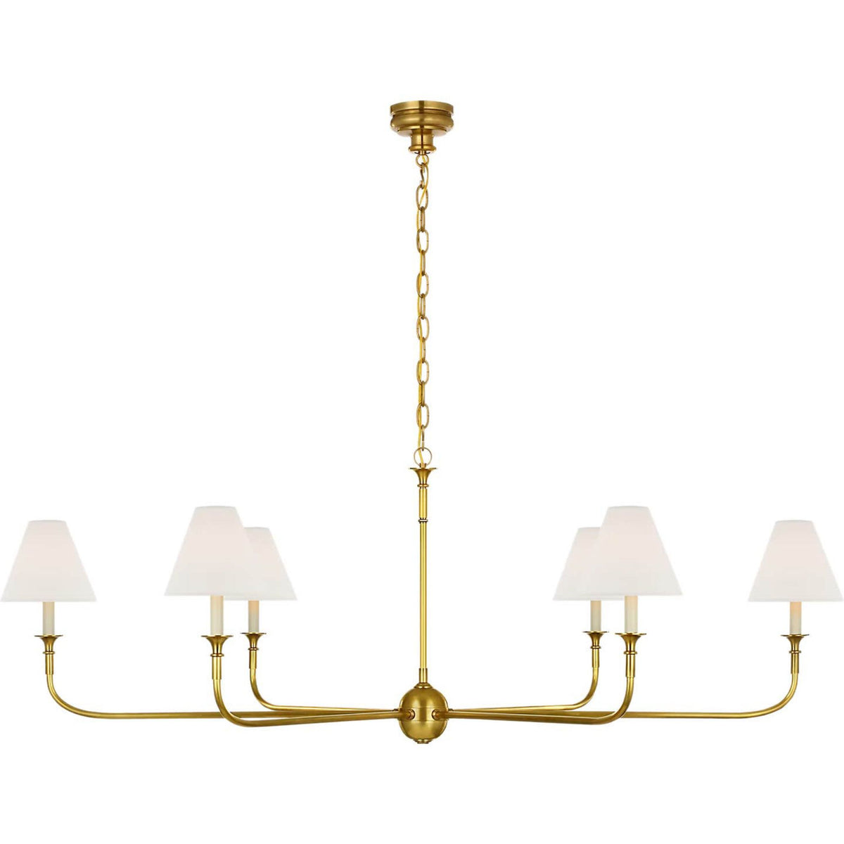 Thomas O'Brien Piaf Grande Chain Hung Chandelier in Hand-Rubbed Antique Brass with Linen Shades W58" x H20.75"