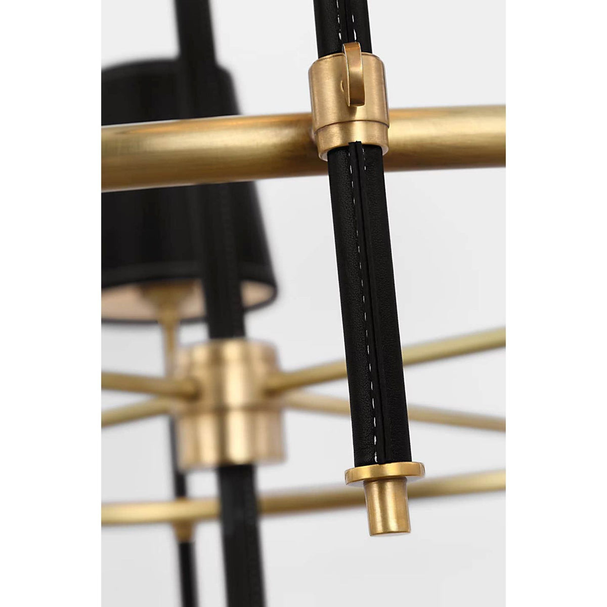 Thomas O'Brien Bryant Wrapped Ring Chandelier in Hand-Rubbed Antique Brass and Chocolate Leather with Chocolate Leather Shade W41"