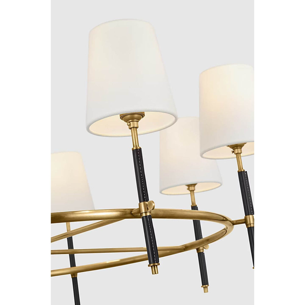 Thomas O'Brien Bryant Wrapped Ring Chandelier in Hand-Rubbed Antique Brass and Chocolate Leather with Linen Shades W41"