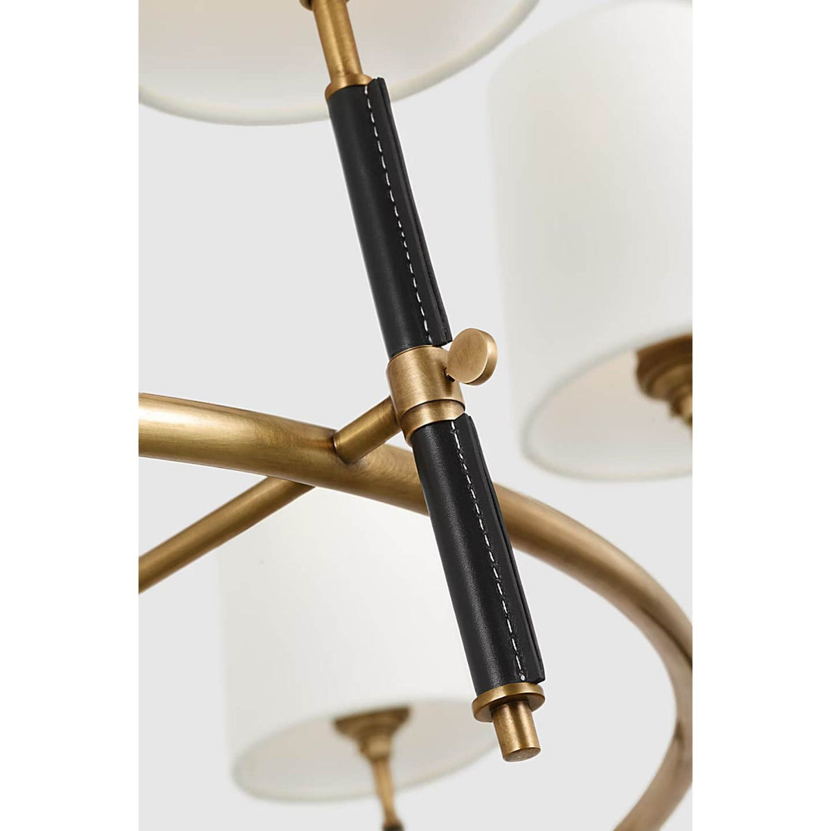 Thomas O'Brien Bryant Wrapped Ring Chandelier in Hand-Rubbed Antique Brass and Chocolate Leather with Linen Shades W41"