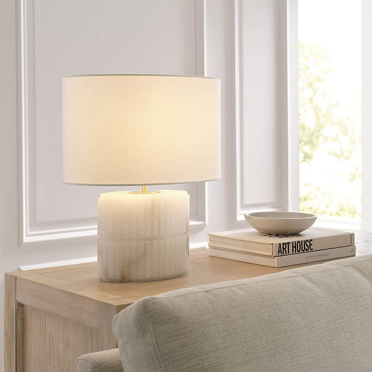 Windsor Smith Kapittel Medium Table Lamp in Alabaster with Linen Shade W16" x H18.25"