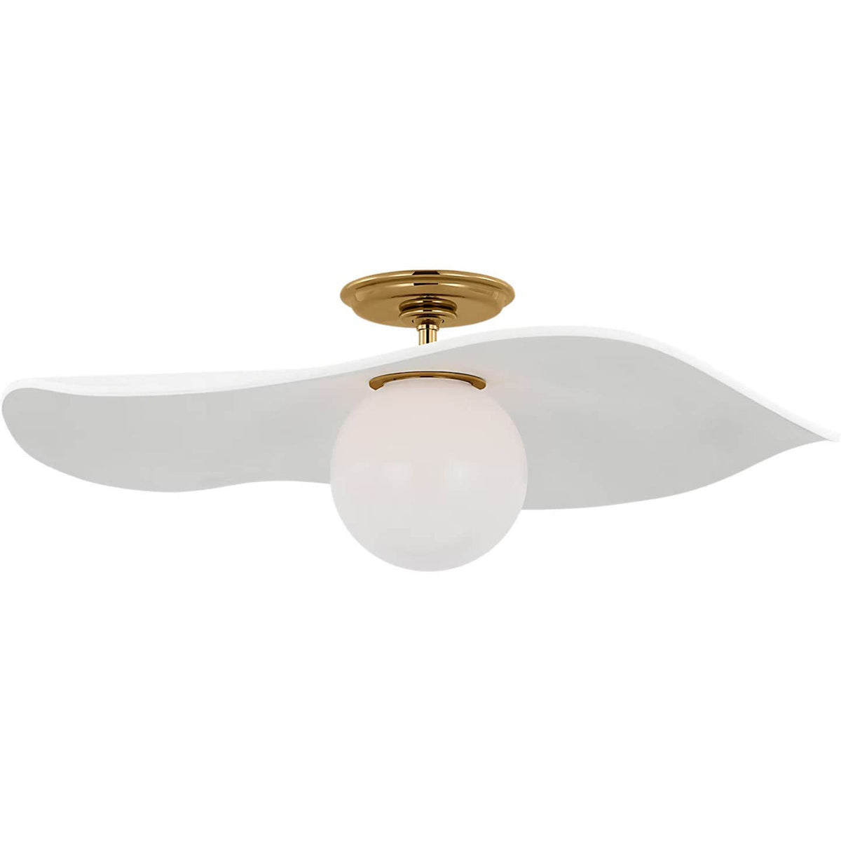 Windsor Smith Mahalo 22" Semi-Flush Mount in Hand-Rubbed Antique Brass and White Glass with Matte White Shade W22" x H8"