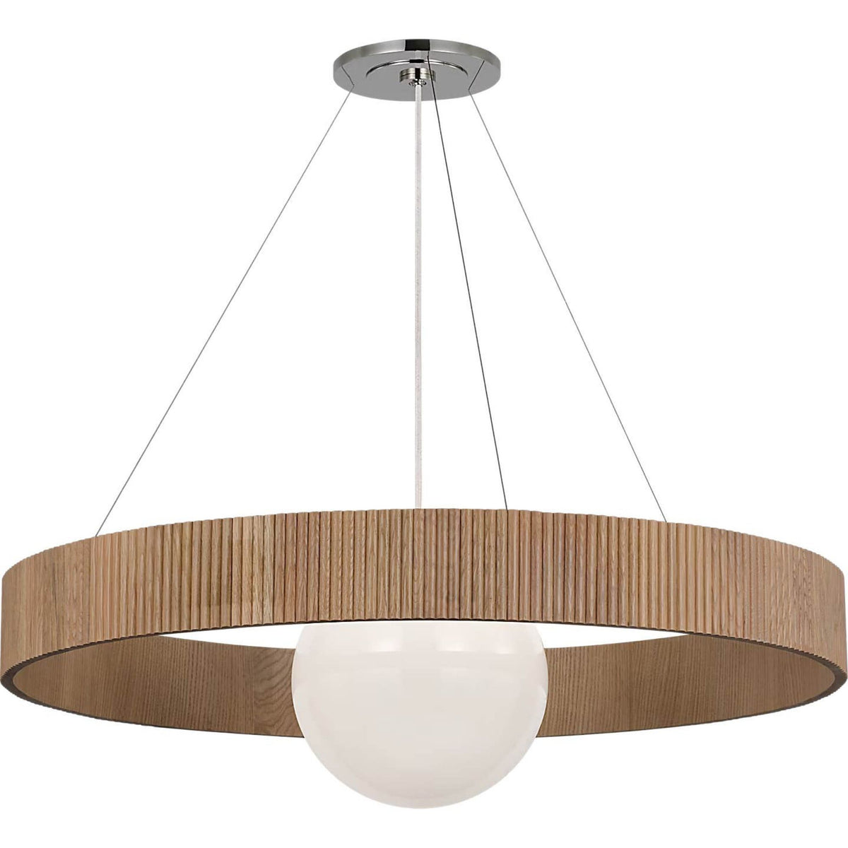 Windsor Smith Arena 42" Ring and Globe Chandelier in Polished Nickel and Natural Oak with White Glass W42"
