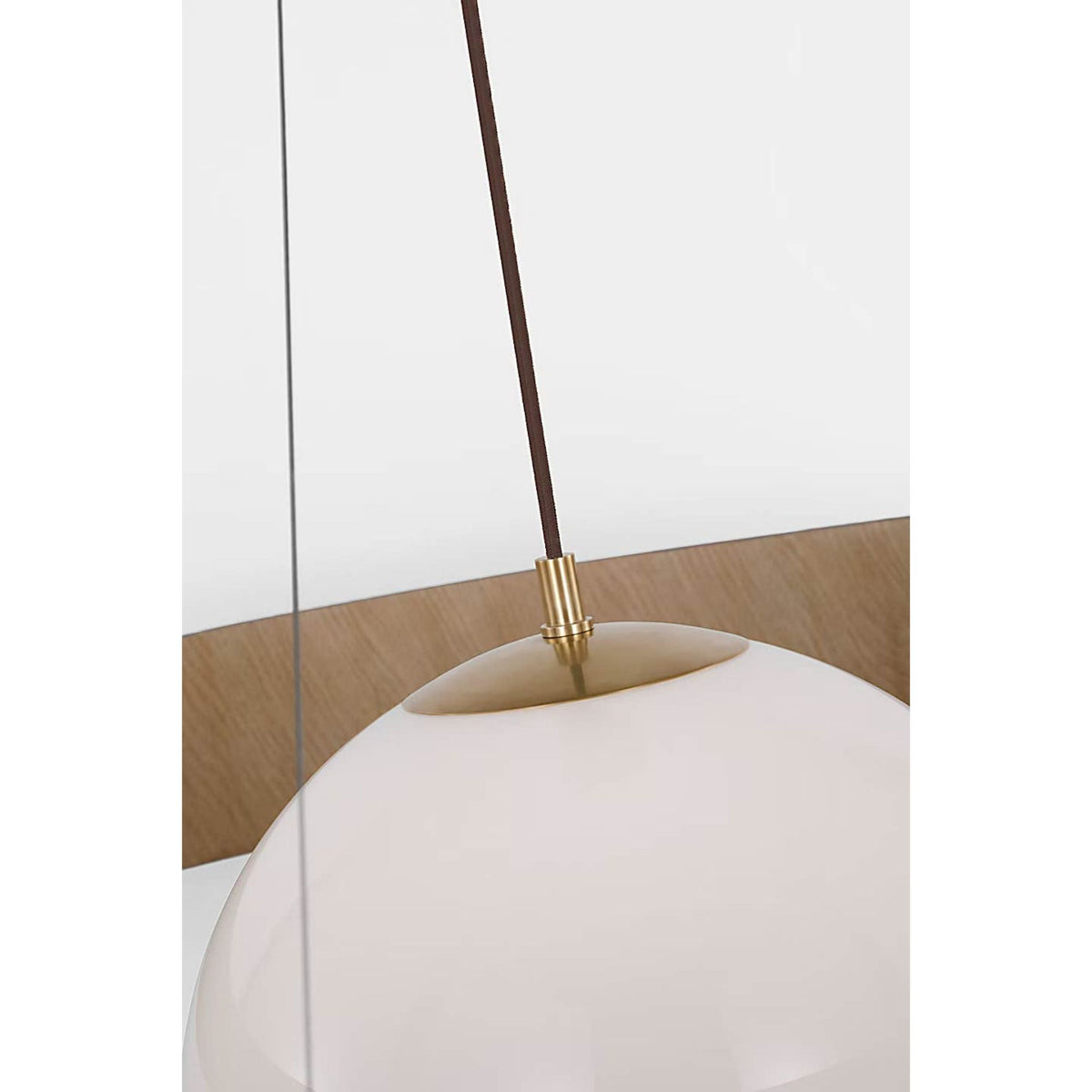 Windsor Smith Arena 53" Ring and Globe Chandelier in Hand-Rubbed Antique Brass and Natural Oak with White Glass W53"