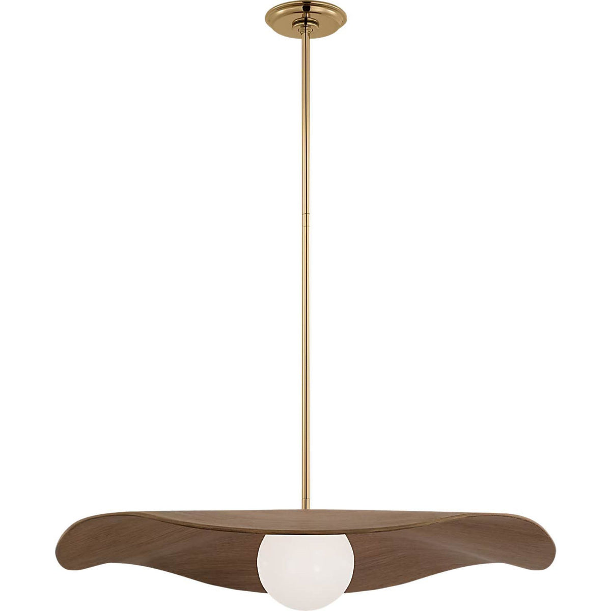 Windsor Smith Mahalo 28" Pendant in Hand-Rubbed Antique Brass and White Glass with Natural Oak Shade W28"