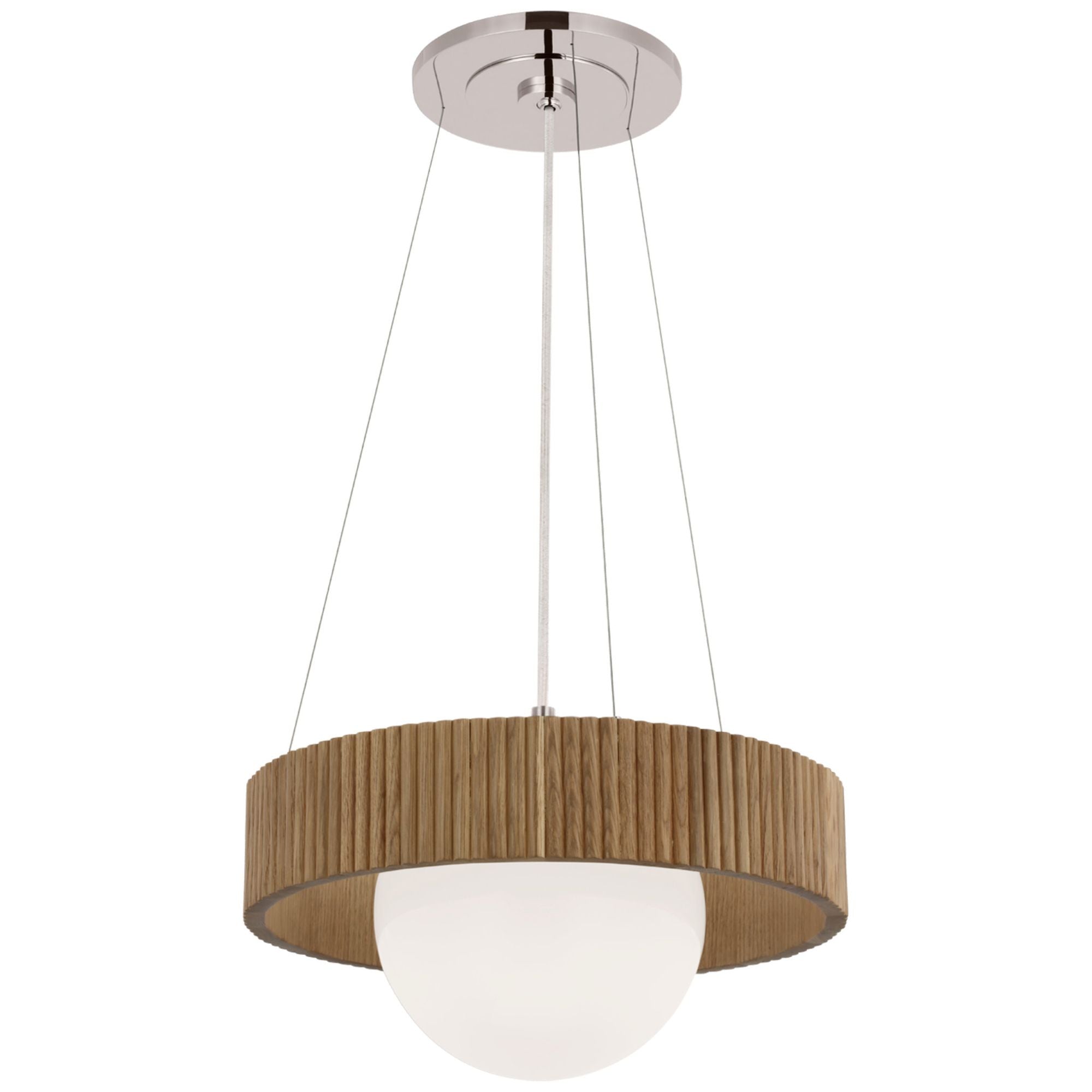 Windsor Smith Arena 18" Ring and Globe Chandelier in Polished Nickel and Natural Oak with White Glass Ceiling Light W18"