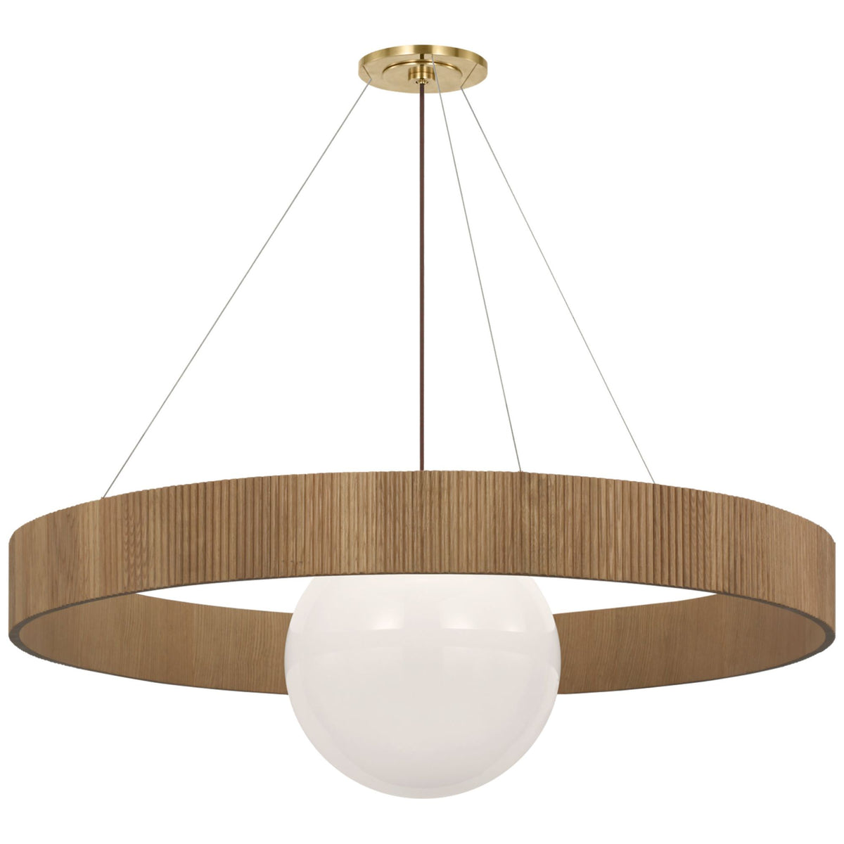 Windsor Smith Arena 53" Ring and Globe Chandelier in Hand-Rubbed Antique Brass and Natural Oak with White Glass W53"