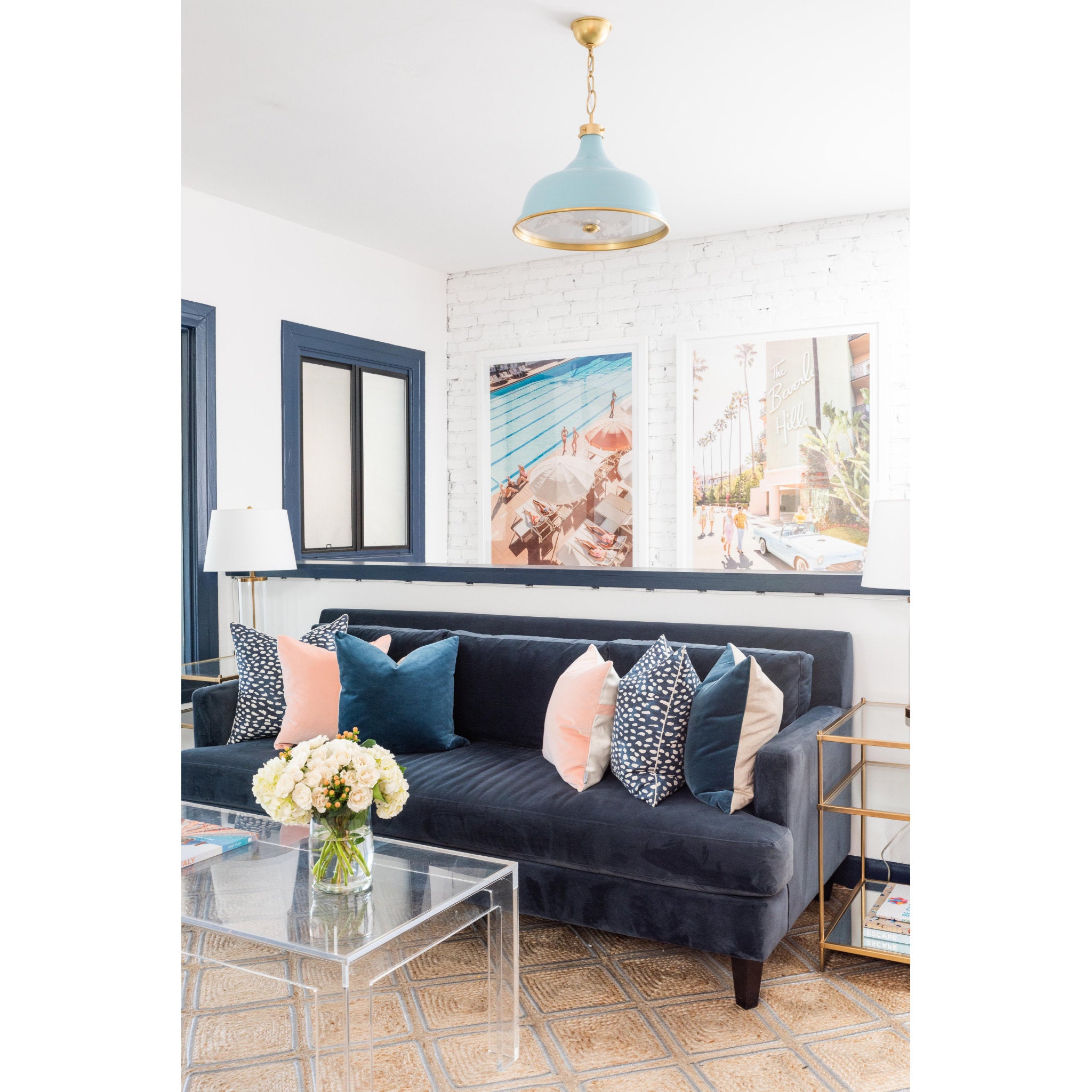 Painted No.1 3-Light Pendant in Aged Brass/Blue Bird by Mark D. Sikes 18L x 18W x 16H