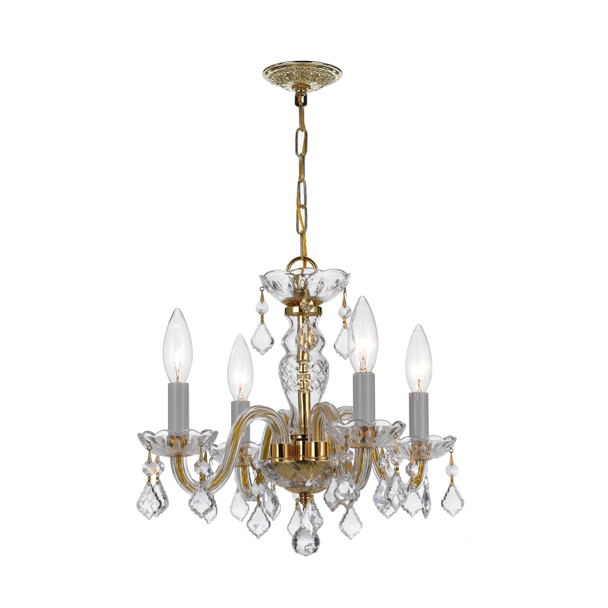 Traditional Crystal 4 Light Hand Cut Crystal Polished Brass Mini Chandelier Hand Cut Crystal 15"W x 12"H x 15"D