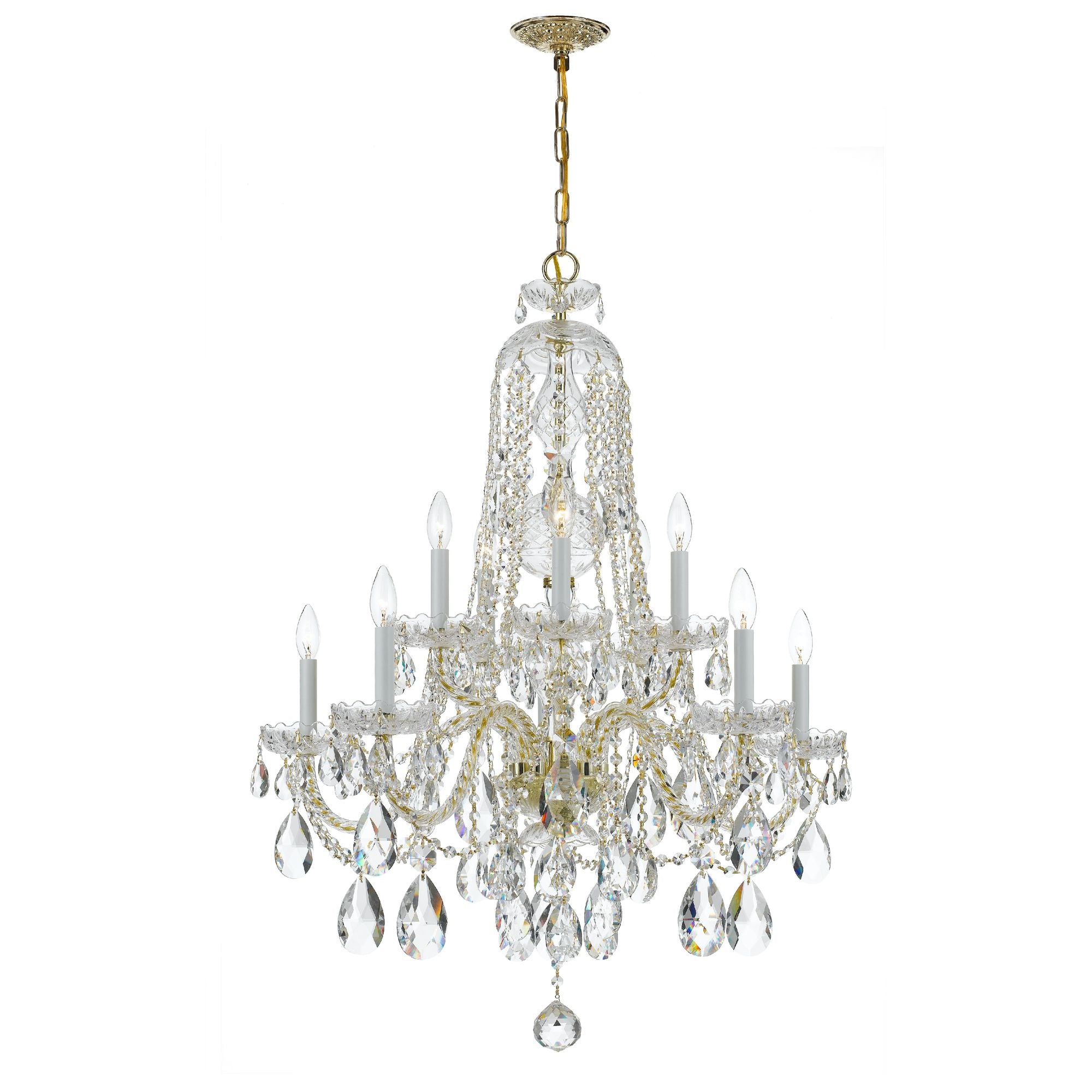 Traditional Crystal 10 Light Hand Cut Crystal Polished Brass Chandelier Hand Cut Crystal 32"W x 36"H x 32"D