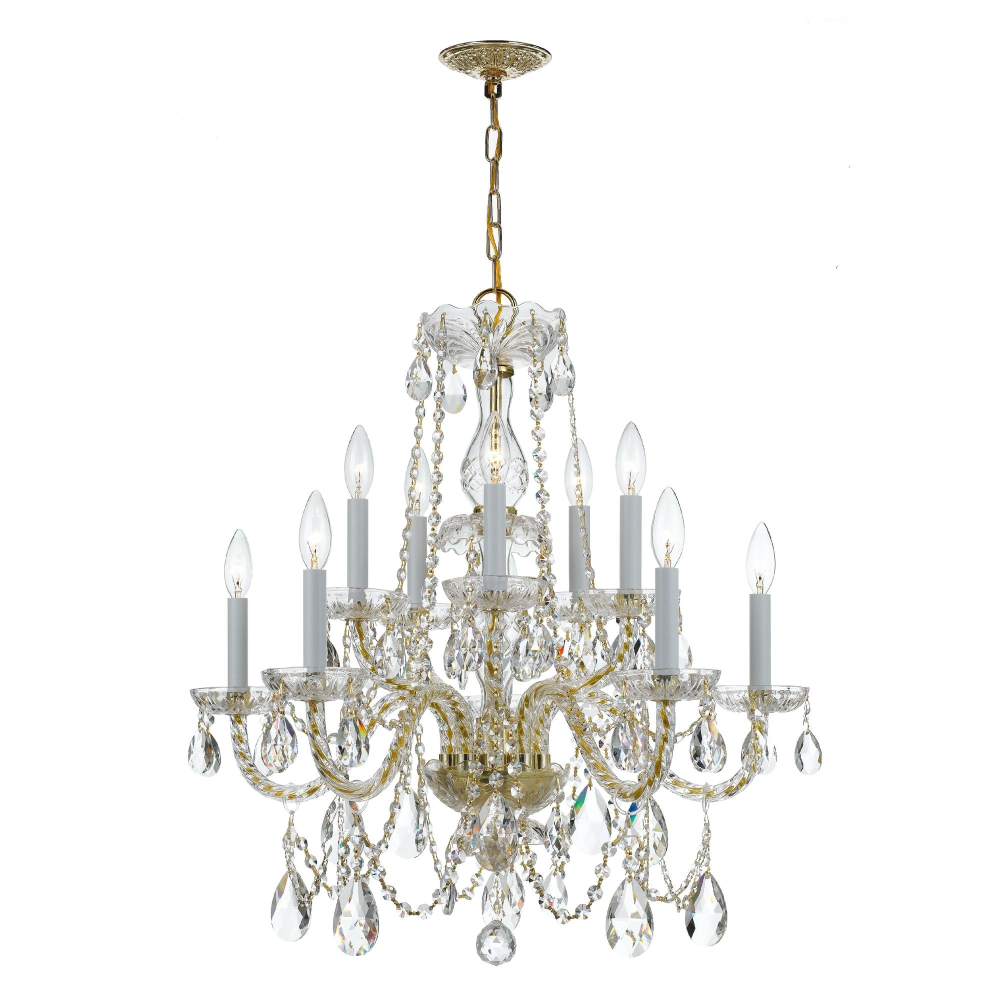 Traditional Crystal 10 Light Hand Cut Crystal Polished Brass Chandelier Hand Cut Crystal 26"W x 26"H x 26"D