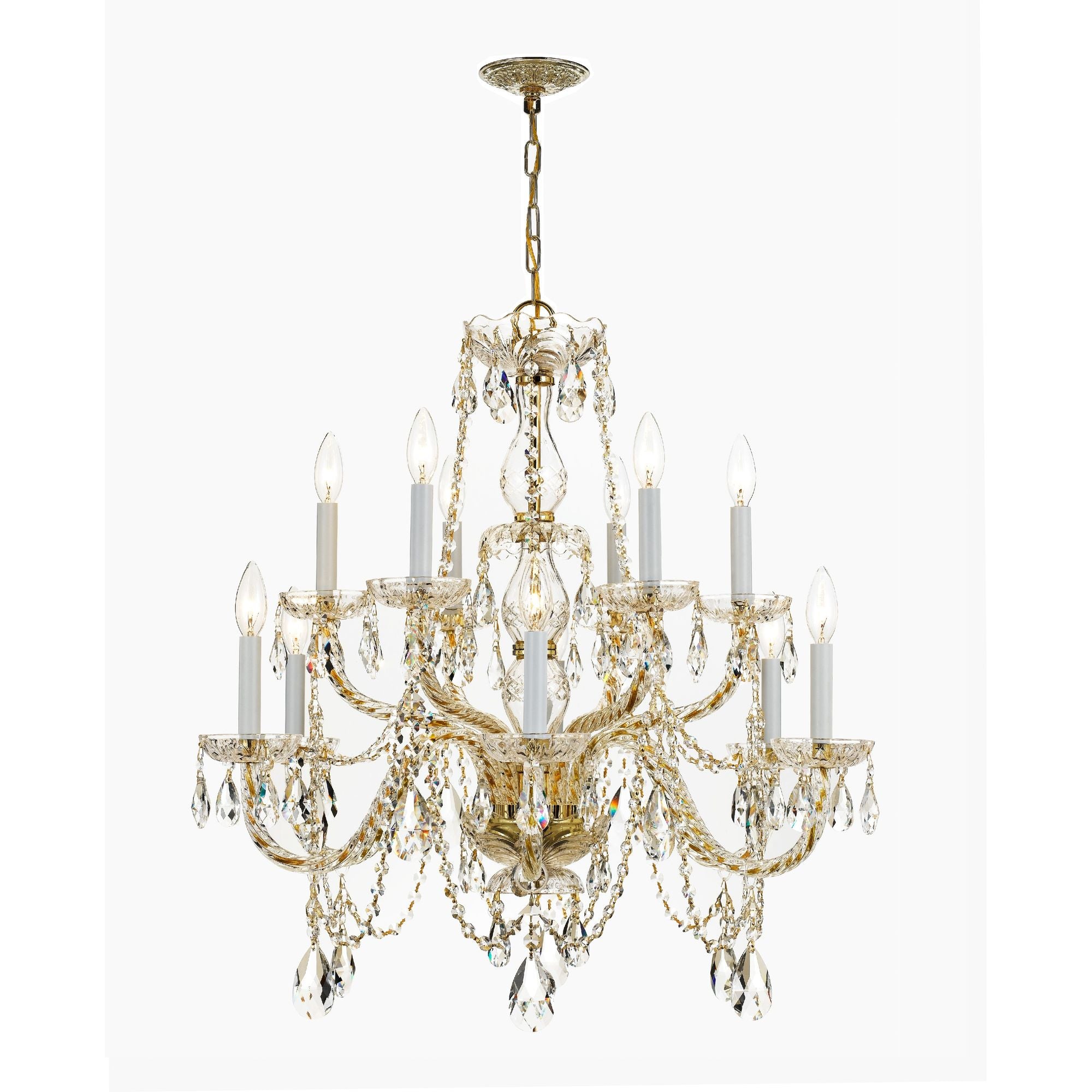 Traditional Crystal 12 Light Hand Cut Crystal Polished Brass Chandelier Hand Cut Crystal 31"W x 26"H x 31"D