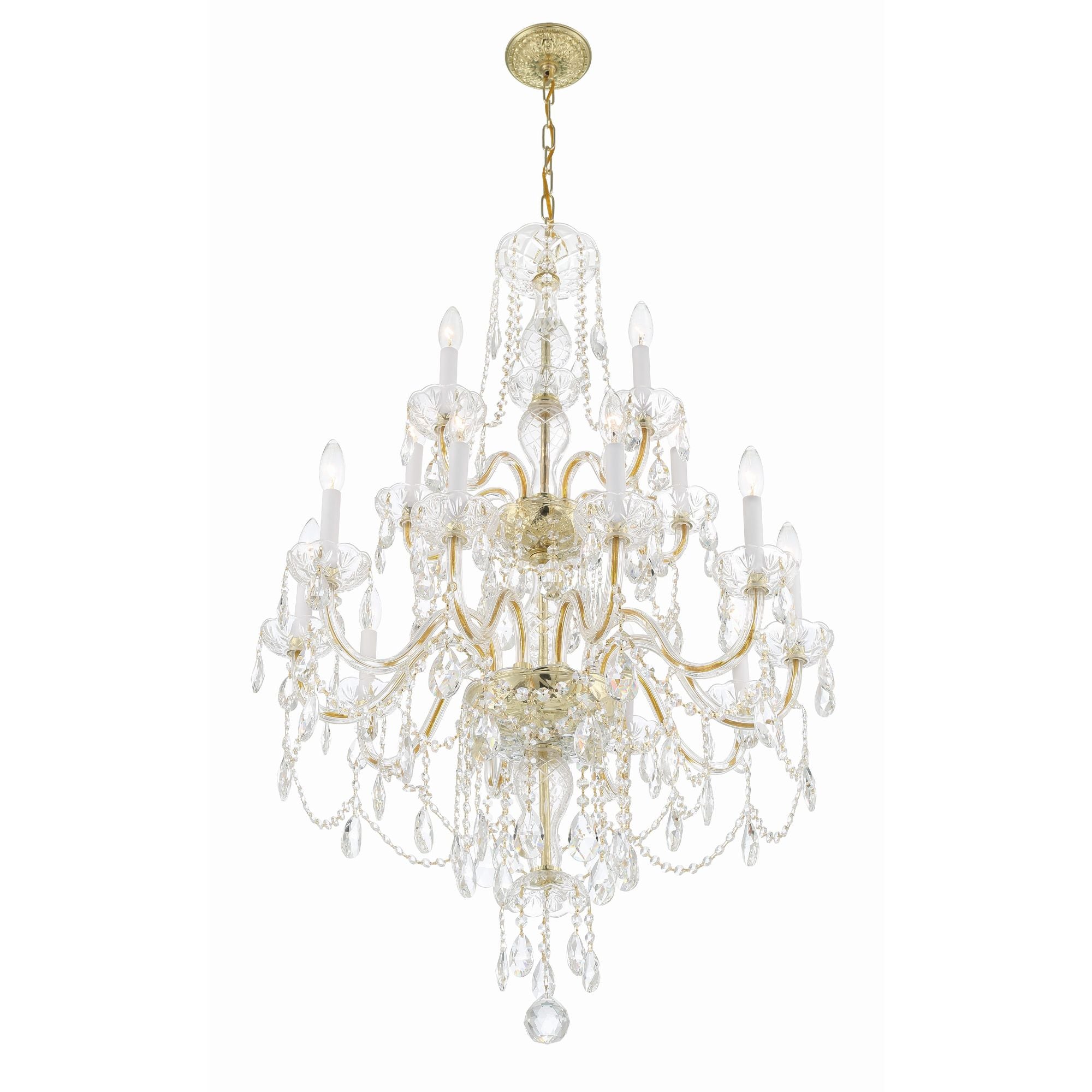 Traditional Crystal 15 Light Hand Cut Crystal Polished Brass Chandelier Hand Cut Crystal 32"W x 43.75"H x 32"D