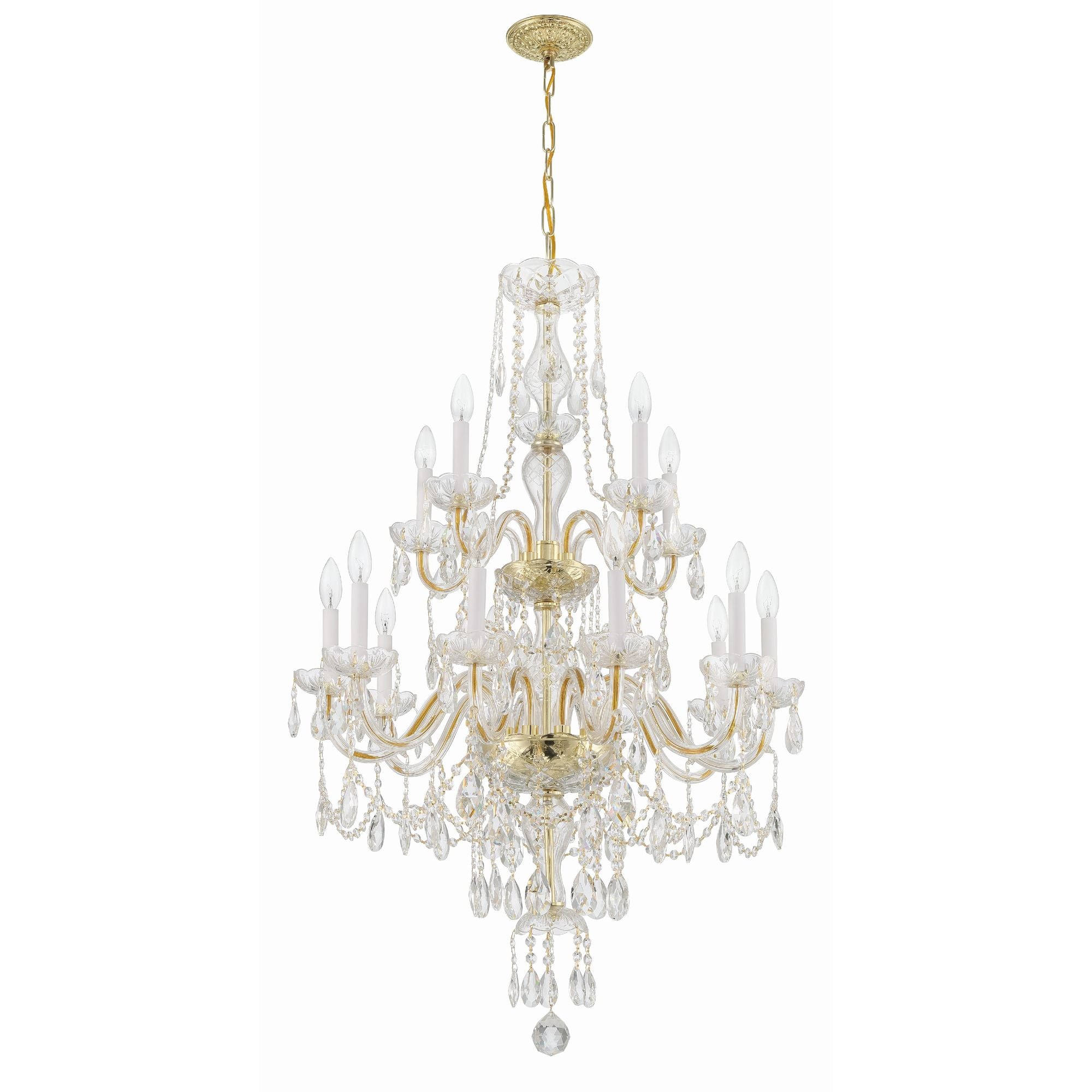 Traditional Crystal 15 Light Hand Cut Crystal Polished Brass Chandelier Hand Cut Crystal 32"W x 43.75"H x 32"D