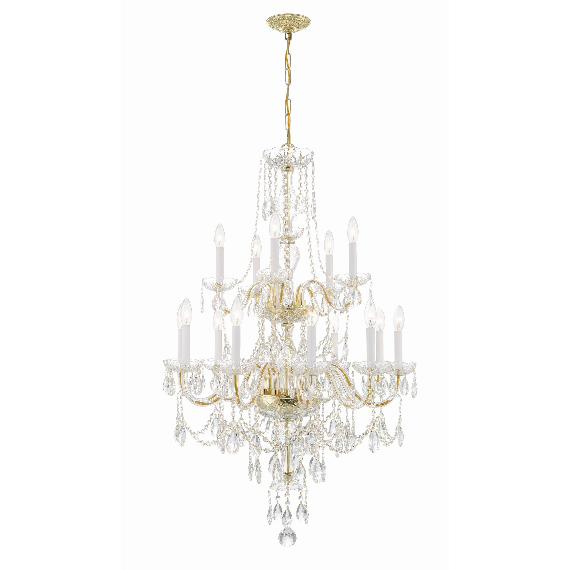 Traditional Crystal 15 Light Hand Cut Crystal Polished Brass Chandelier Hand Cut Crystal 32"W x 43.75"H x 32"D