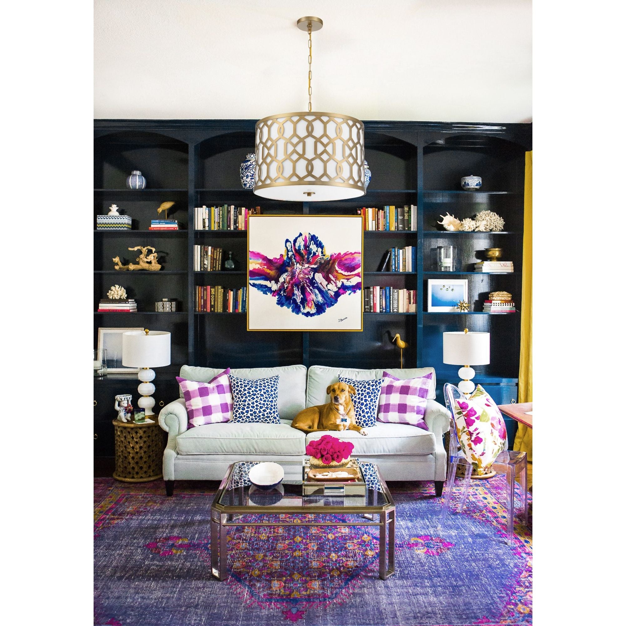 Libby Langdon Jennings 5 Light Aged Brass Pendant Silk Shade 24.25"W x 14.75"H x 24.25"D