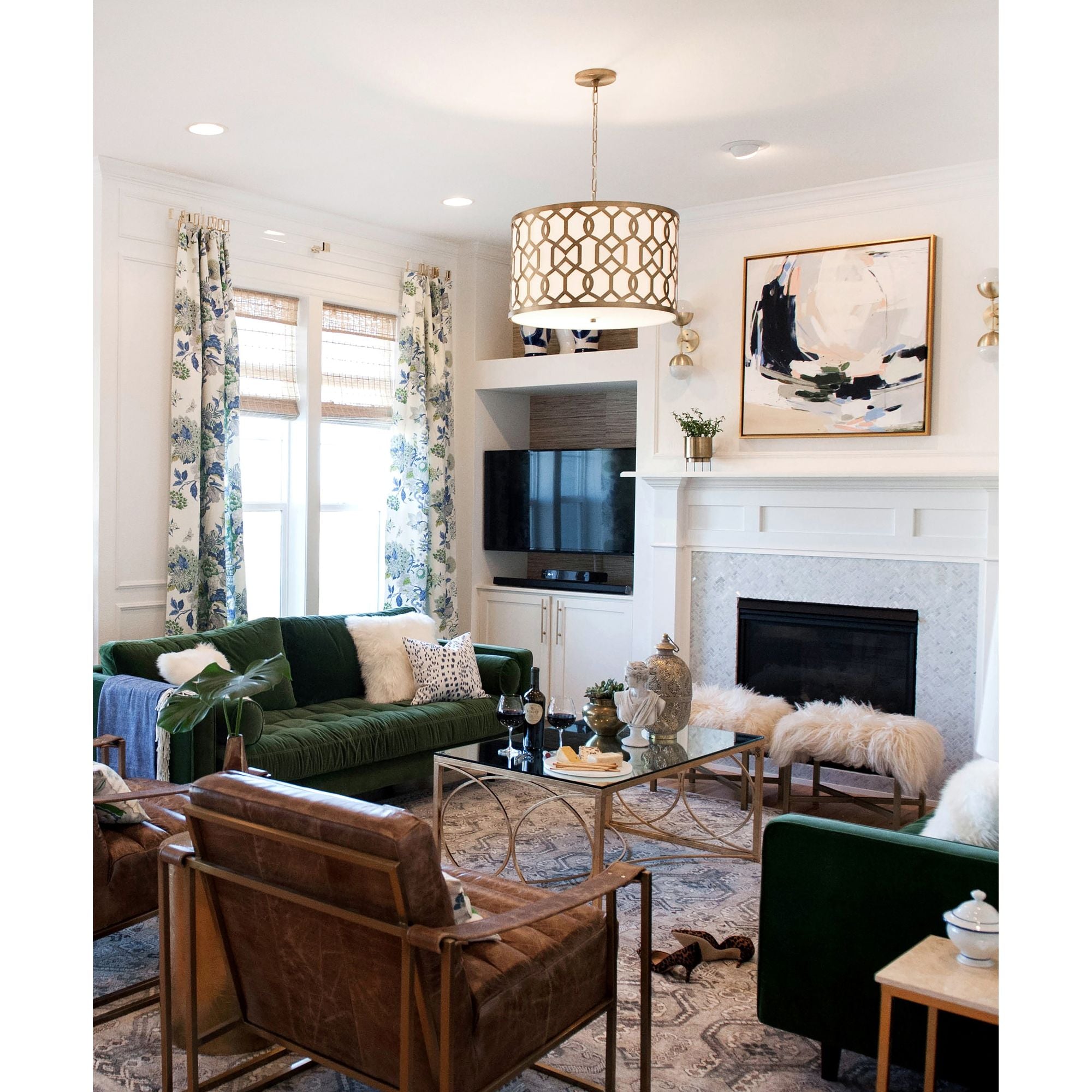 Libby Langdon Jennings 5 Light Aged Brass Pendant Silk Shade 24.25"W x 14.75"H x 24.25"D