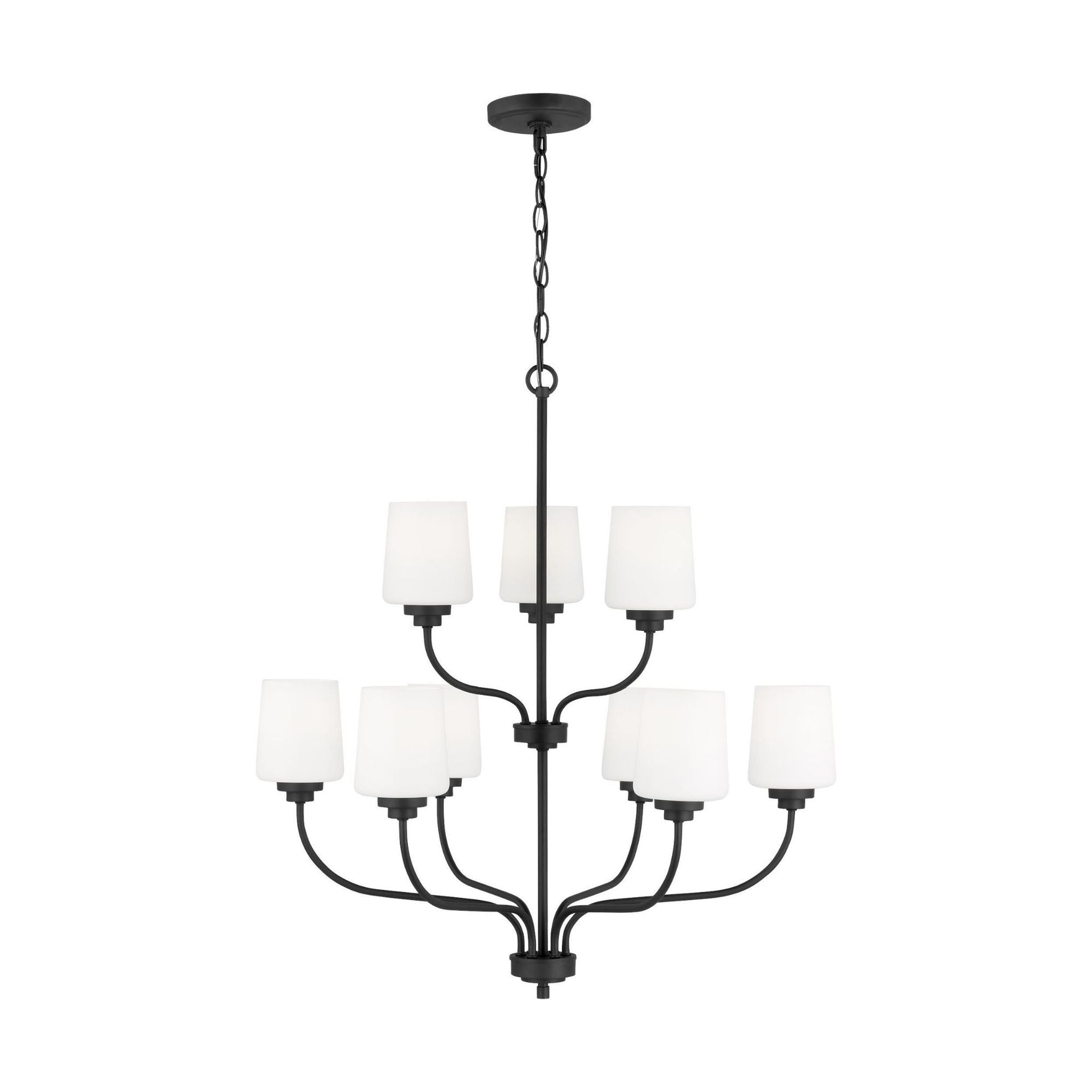 Windom Nine Light Chandelier Traditional 28" Width 30" Height Steel Round Etched / White Inside Shade in Midnight Black