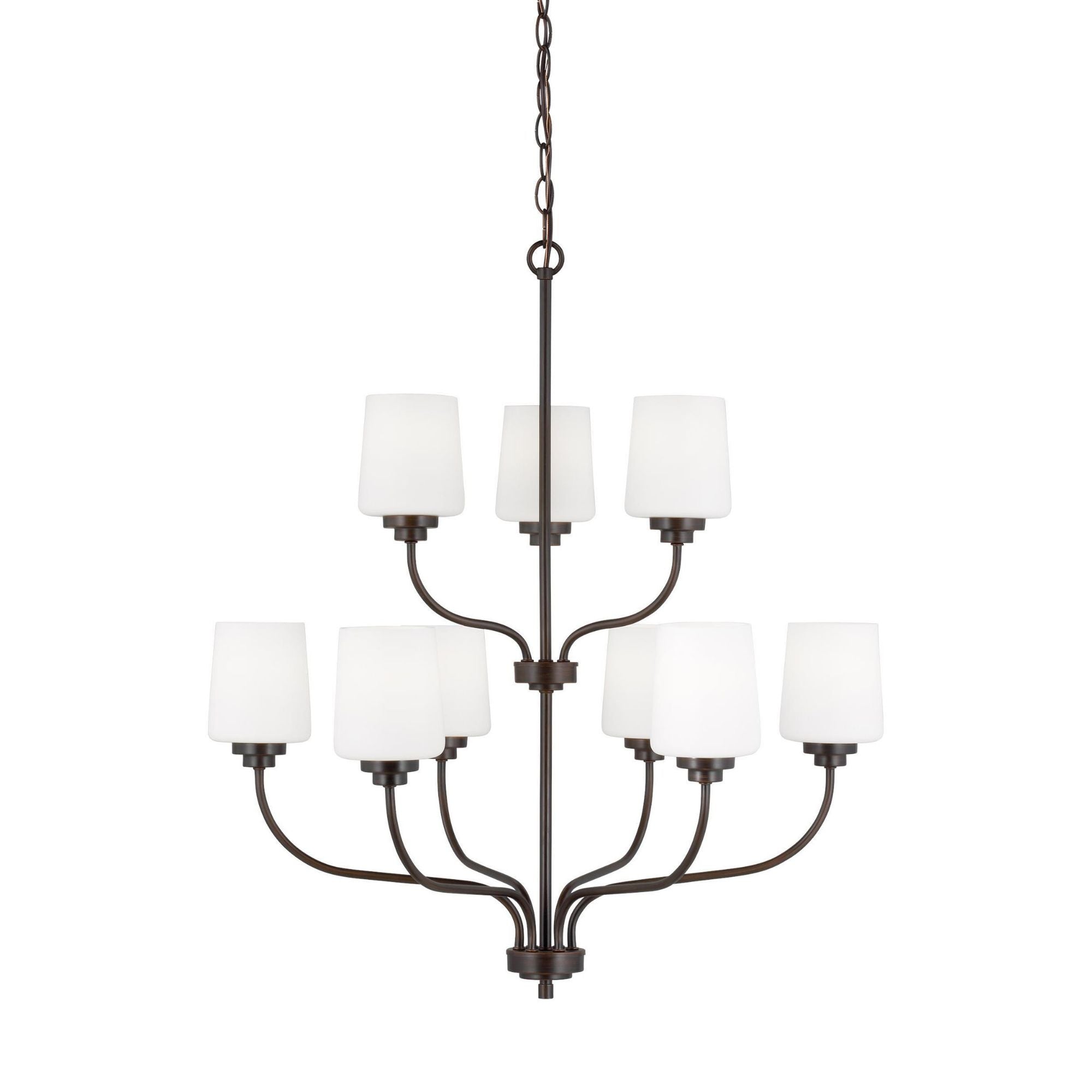 Windom Nine Light Chandelier Traditional 28" Width 30" Height Steel Round Etched / White Inside Shade in Bronze
