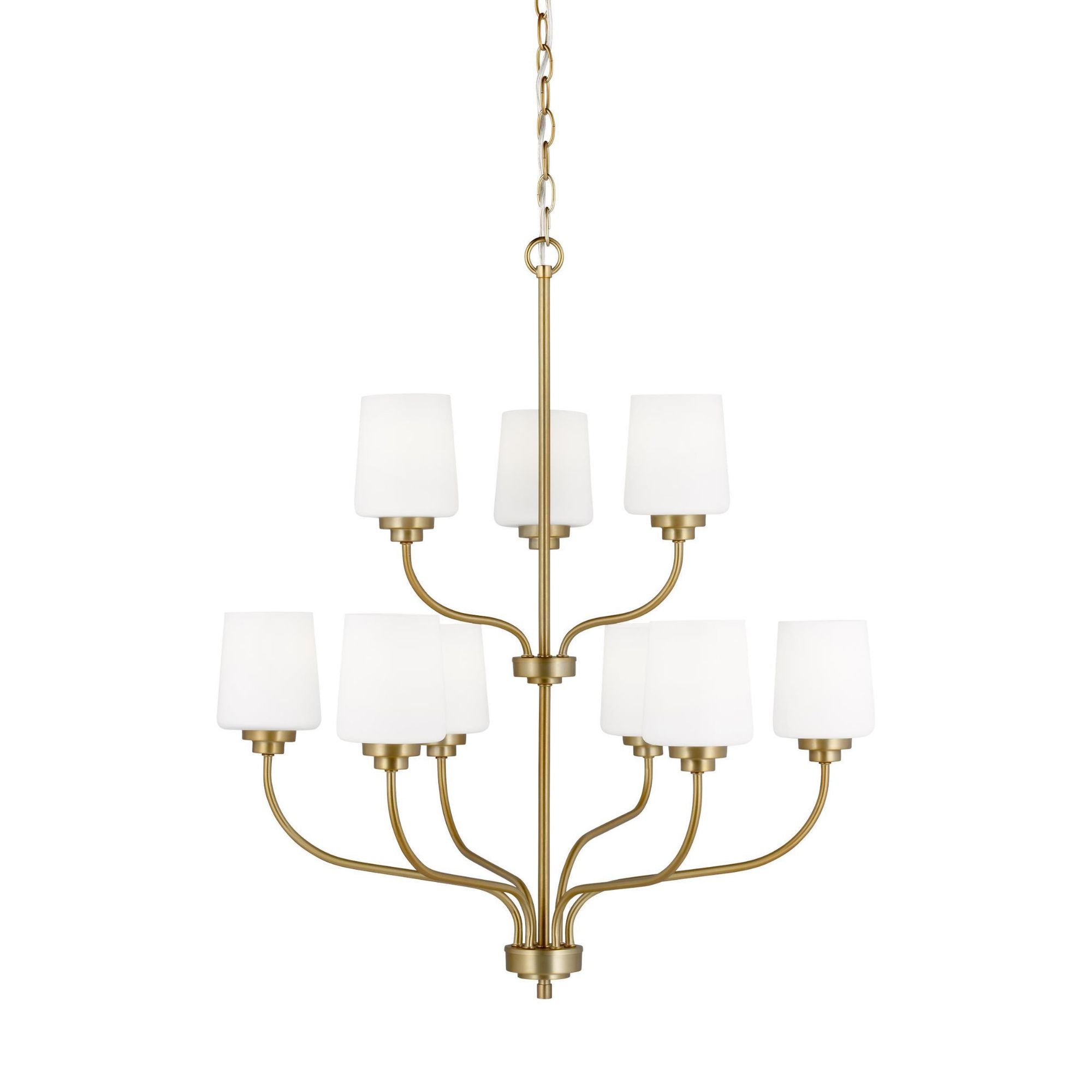 Windom Nine Light Chandelier Traditional 28" Width 30" Height Steel Round Etched / White Inside Shade in Satin Brass