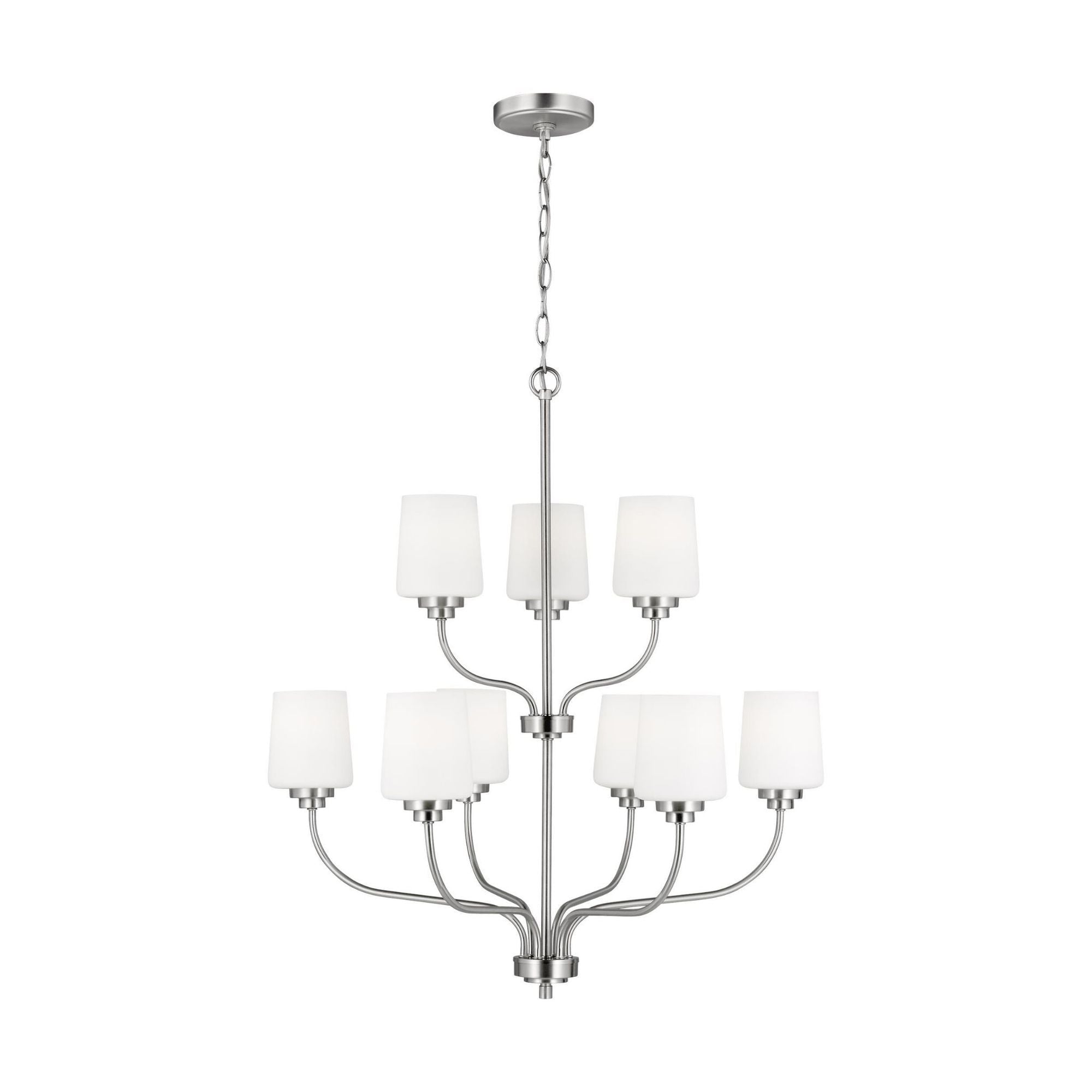 Windom Nine Light Chandelier Traditional 28" Width 30" Height Steel Round Etched / White Inside Shade in Brushed Nickel