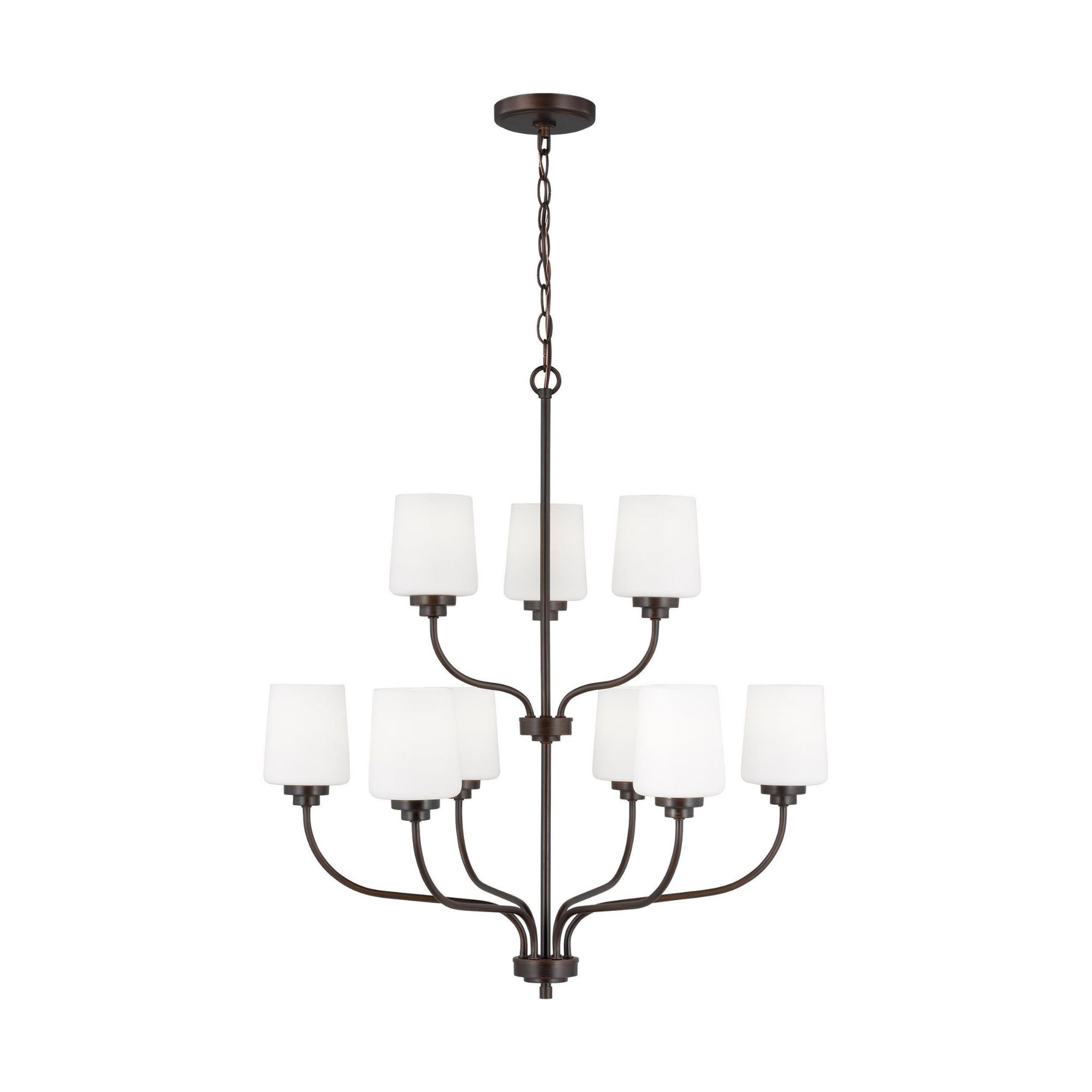 Windom Nine Light Chandelier LED Traditional 28" Width 30" Height Steel Round Etched / White Inside Shade in Bronze