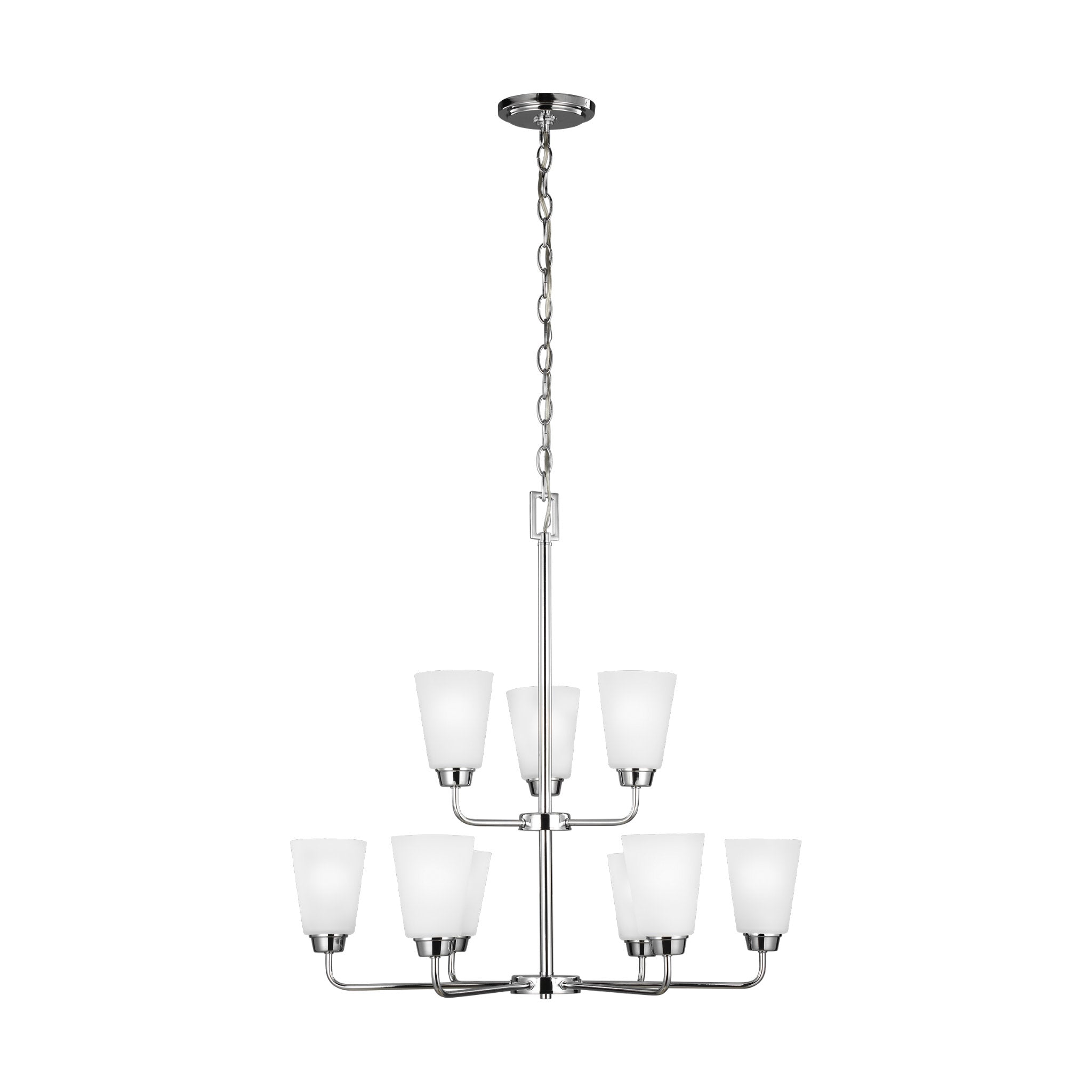 Kerrville Nine Light Chandelier Transitional 29.5" Height Steel Round Satin Etched Shade in Chrome