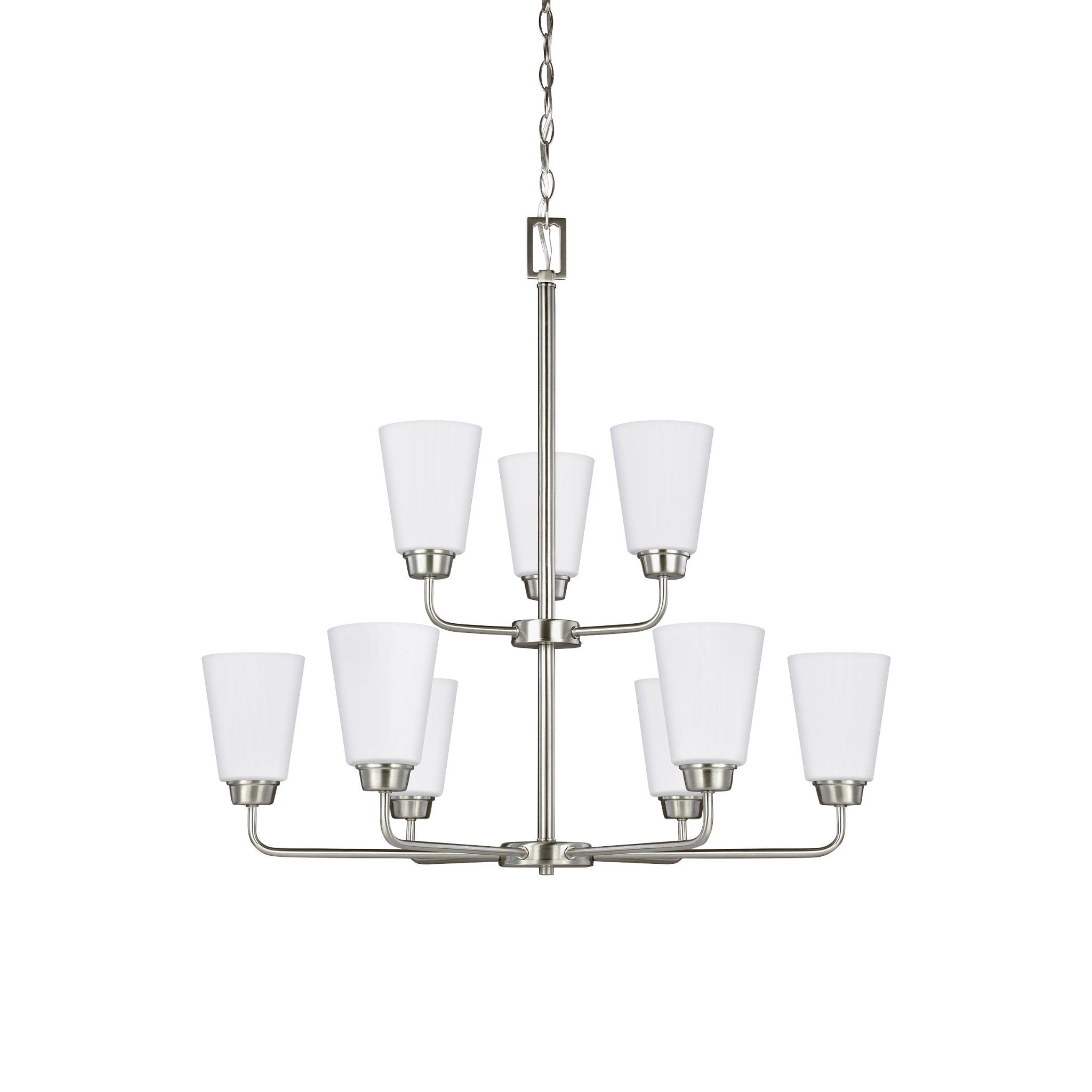 Kerrville Nine Light Chandelier Transitional 29.5" Height Steel Round Satin Etched Shade in Brushed Nickel