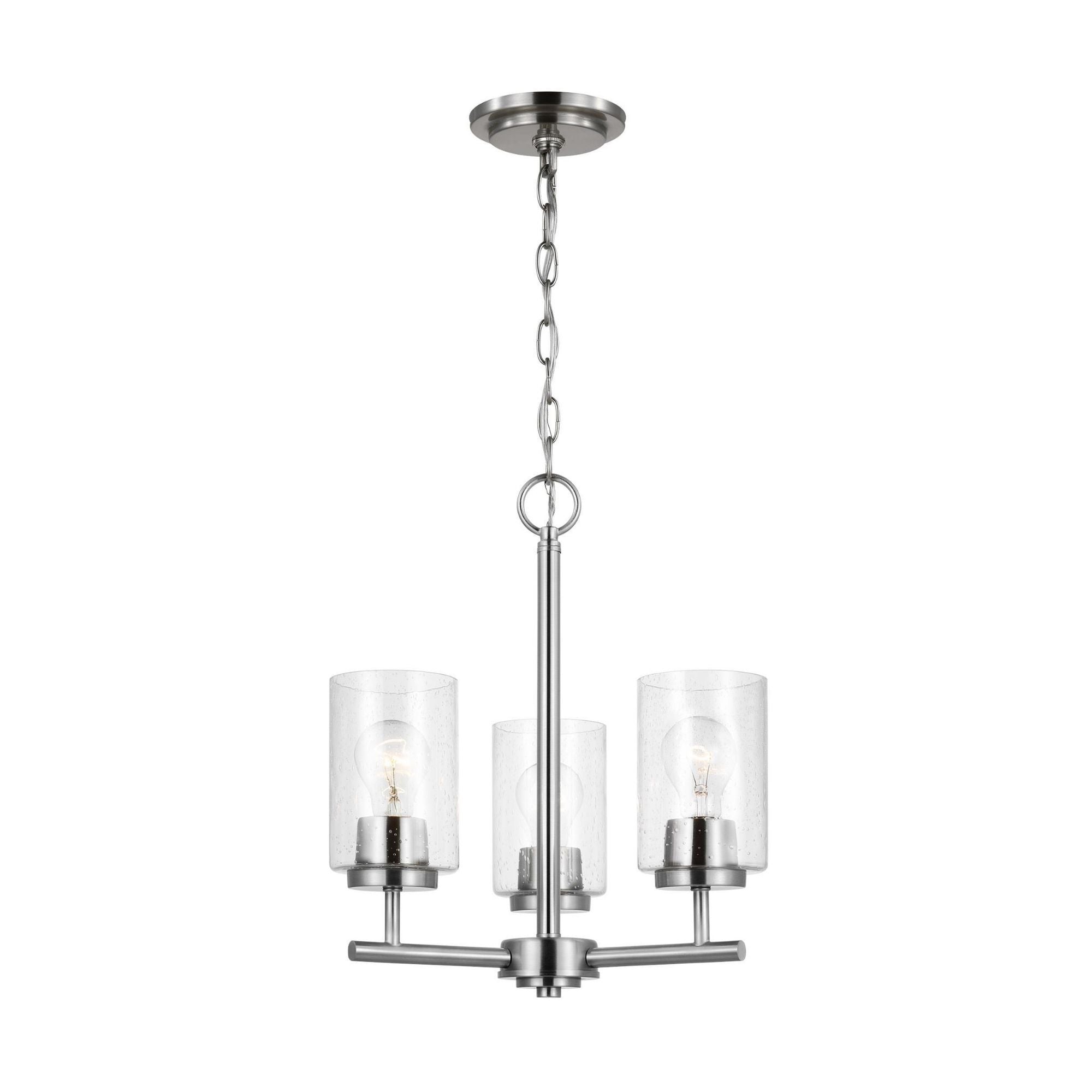 Oslo Three Light Chandelier Contemporary 16.5" Height Steel Round Clear Seeded Shade in Brushed Nickel
