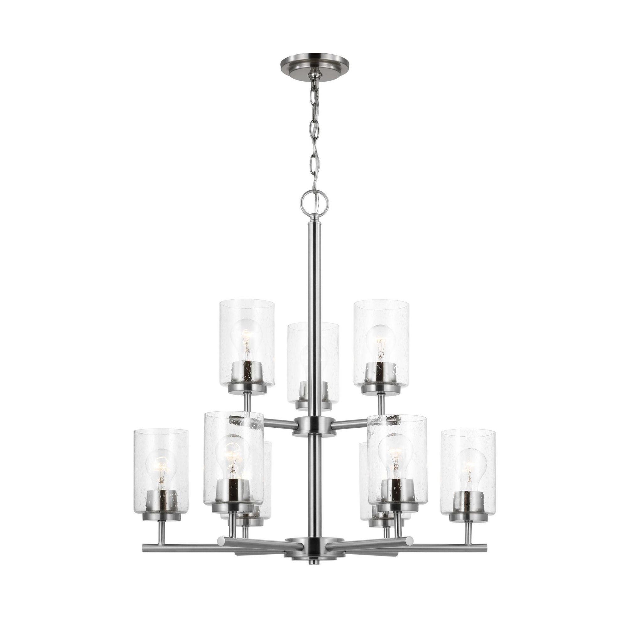 Oslo Nine Light Chandelier Contemporary 26.75" Height Steel Round Clear Seeded Shade in Brushed Nickel