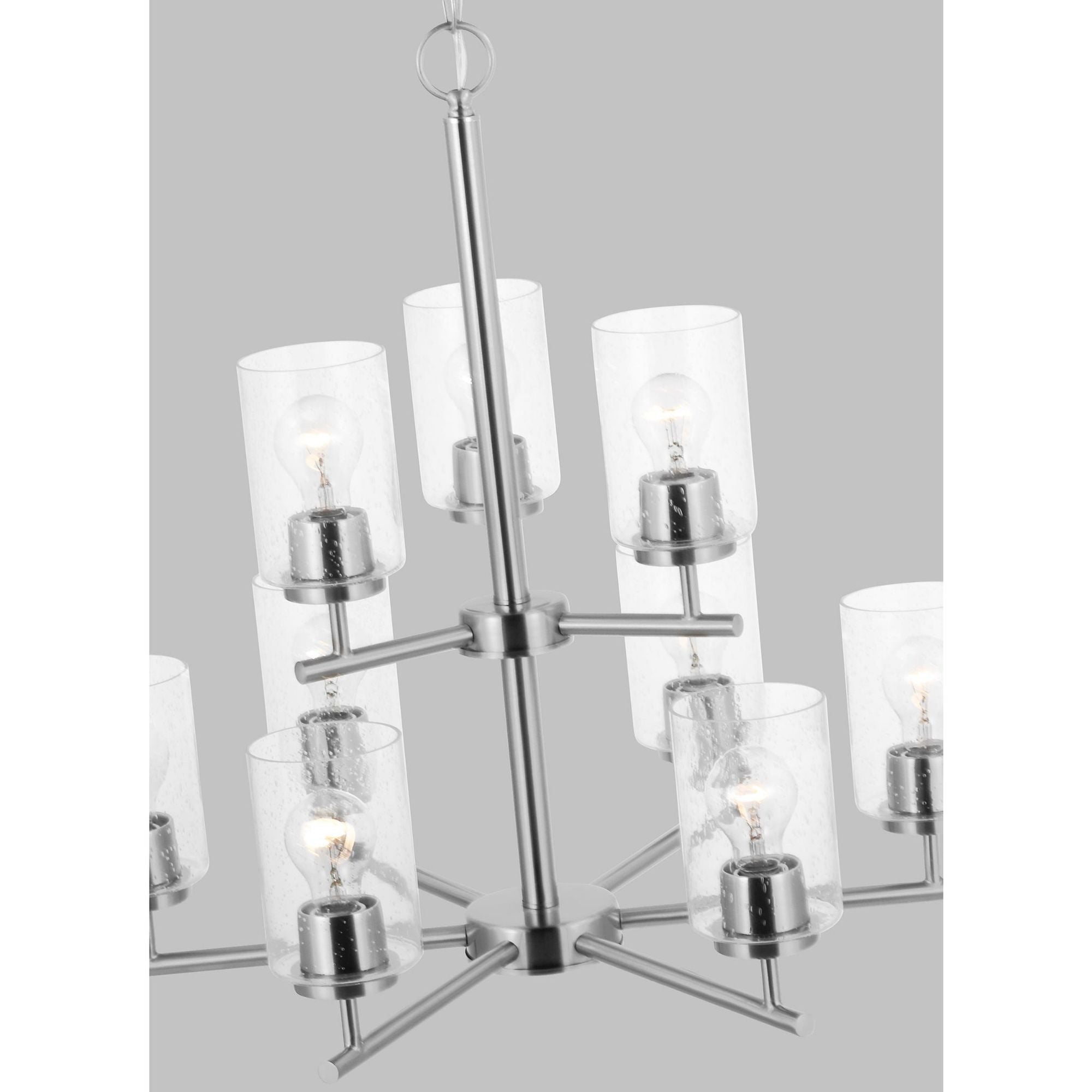 Oslo Nine Light Chandelier Contemporary 26.75" Height Steel Round Clear Seeded Shade in Brushed Nickel
