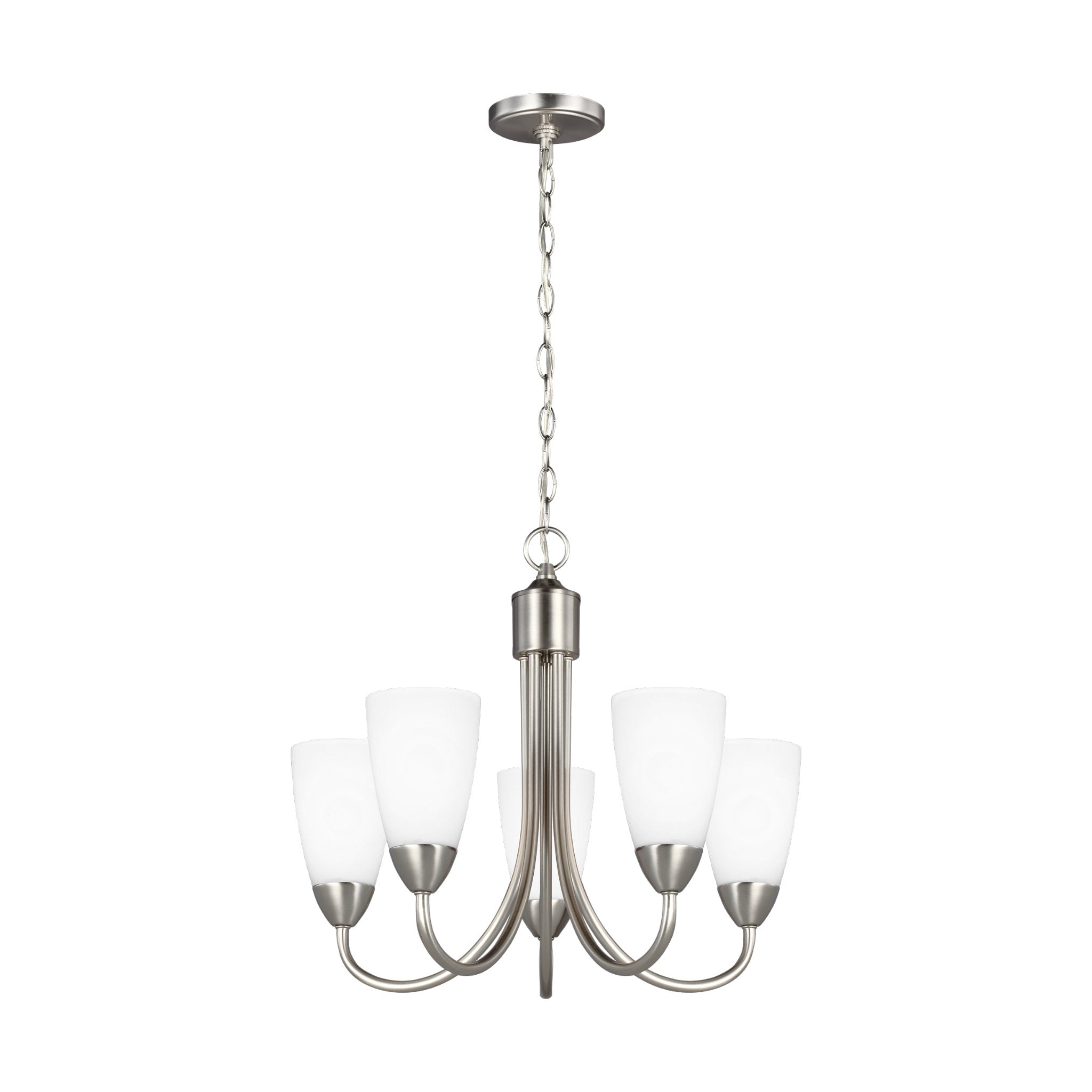 Seville Five Light Chandelier Transitional 17.5" Height Steel Round Etched / White Inside Shade in Brushed Nickel