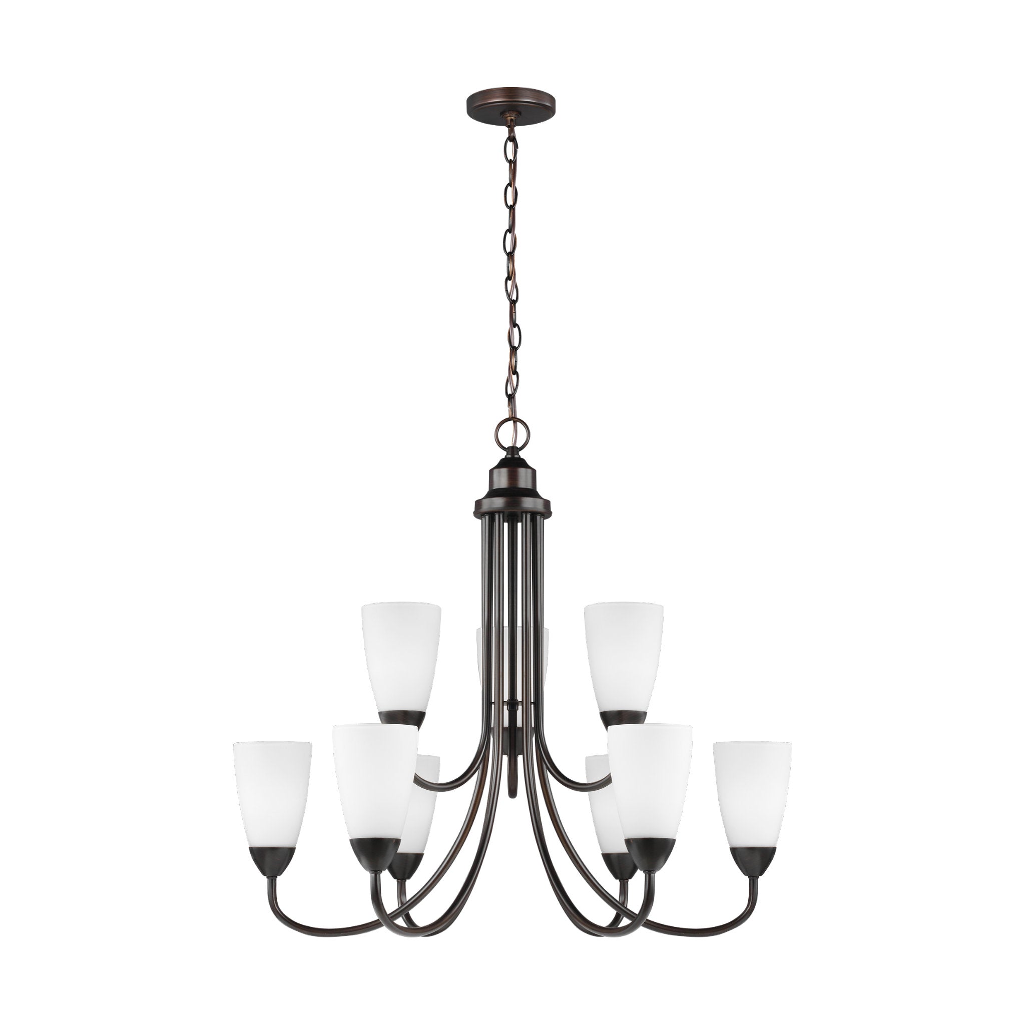 Seville Nine Light Chandelier Transitional 27.125" Height Steel Round Etched / White Inside Shade in Bronze
