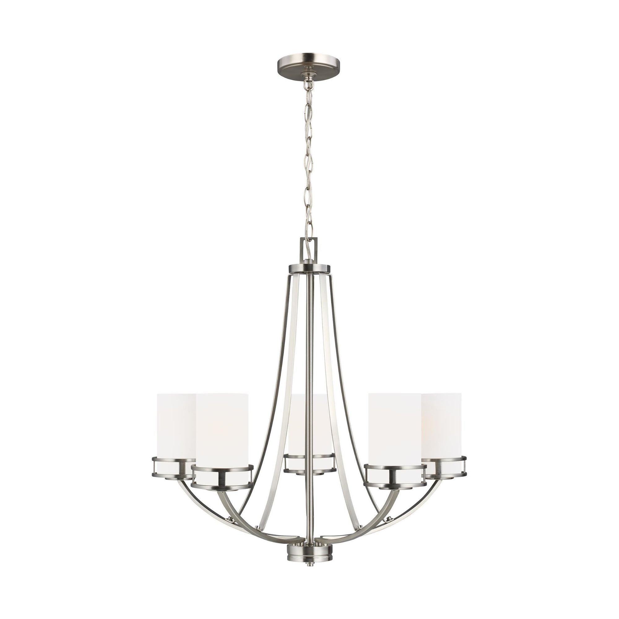Robie Five Light Chandelier LED Transitional 23.375" Height Steel Round Etched / White Inside Shade in Brushed Nickel