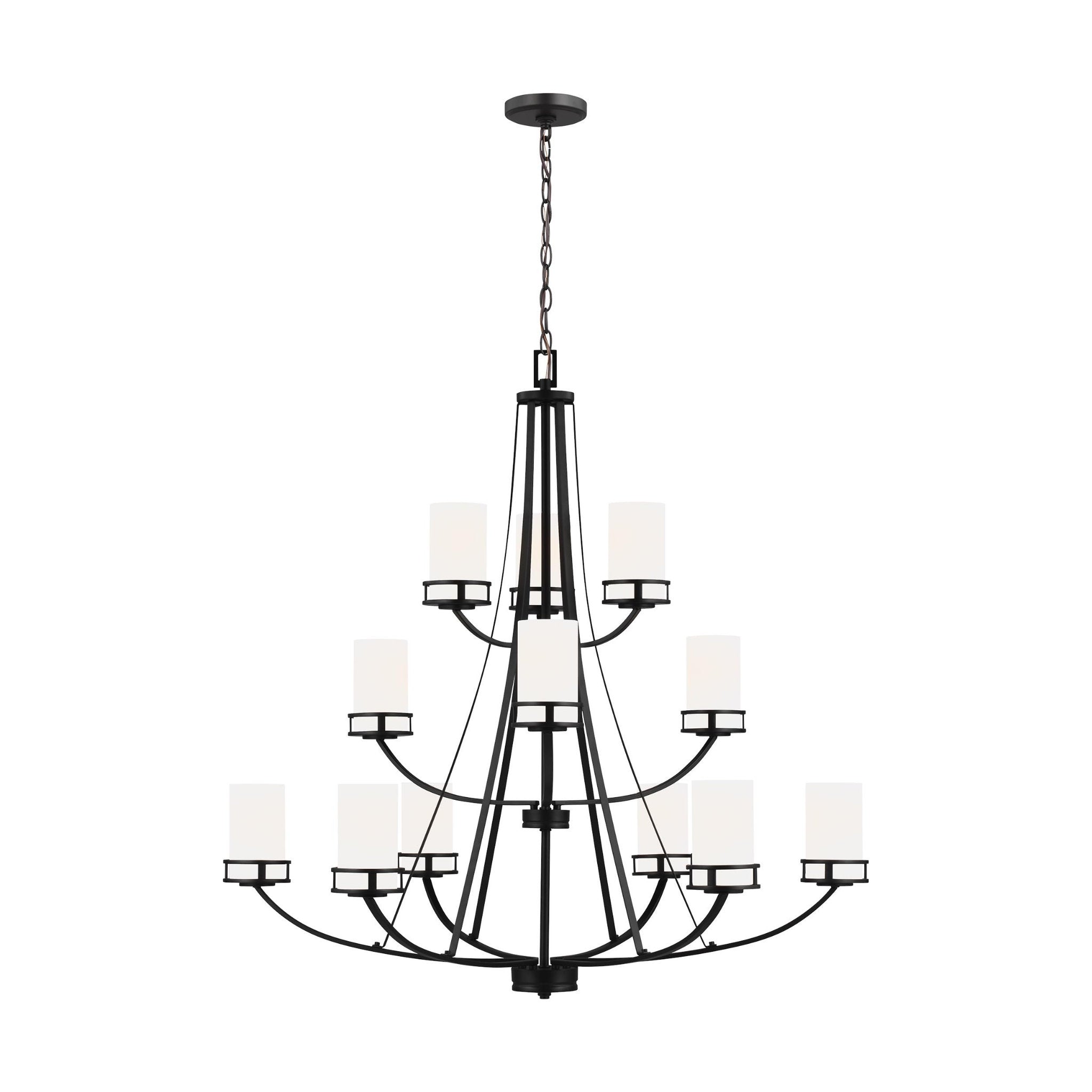 Robie Twelve Light Chandelier Transitional 40.625" Height Steel Round Etched / White Inside Shade in Midnight Black