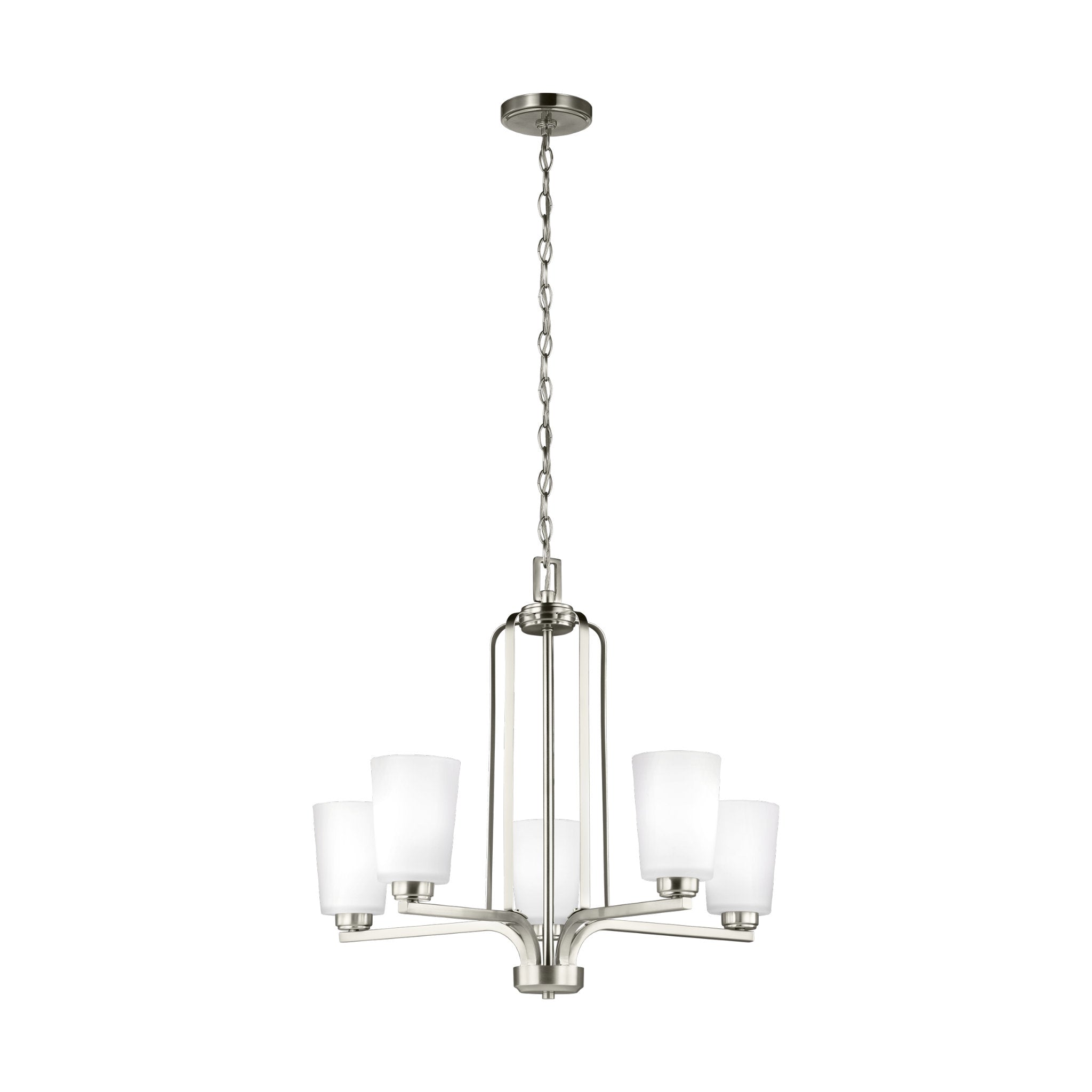 Franport Five Light Chandelier Traditional 22.875" Height Steel Round Etched / White Inside Shade in Brushed Nickel