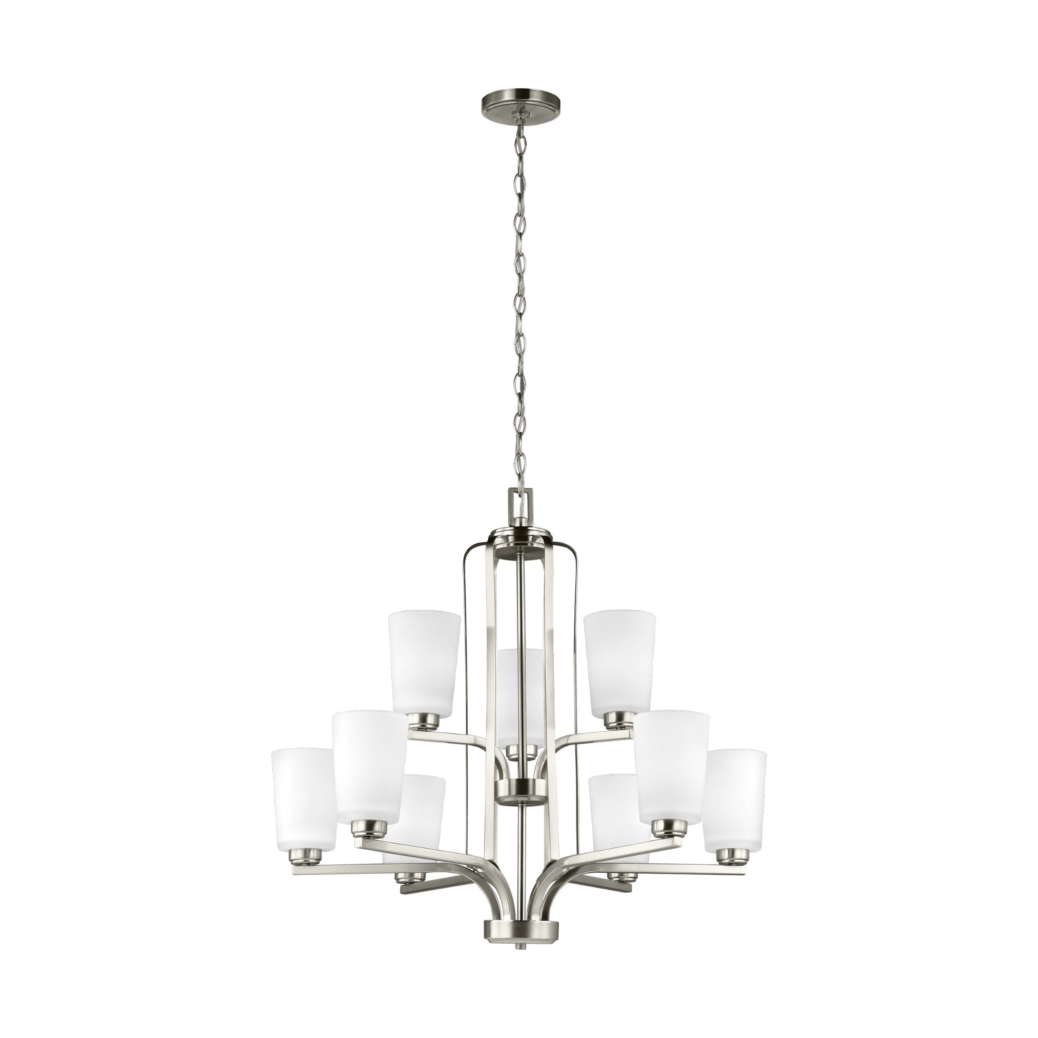 Franport Nine Light Chandelier Traditional 27.625" Height Steel Round Etched / White Inside Shade in Brushed Nickel