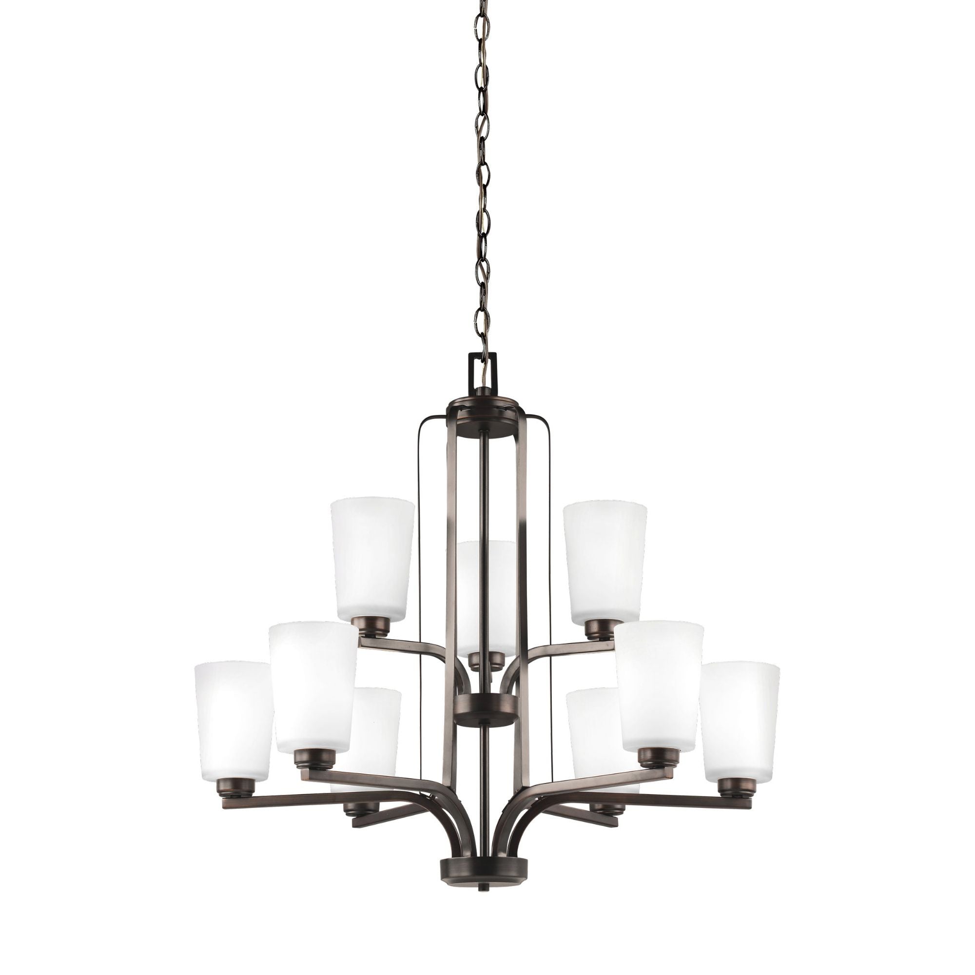 Franport Nine Light Chandelier LED Traditional 27.625" Height Steel Round Etched / White Inside Shade in Bronze