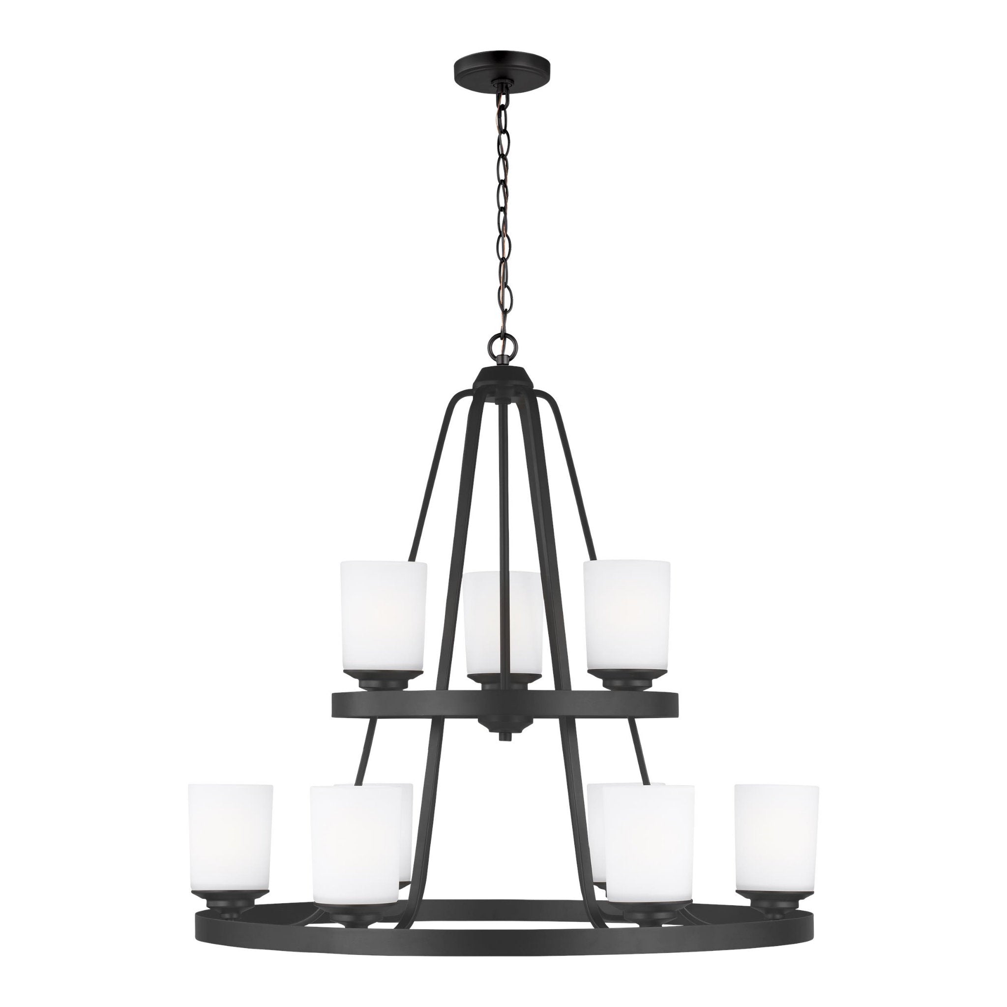 Kemal Nine Light Chandelier Transitional 29" Height Steel Round Etched / White Inside Shade in Midnight Black