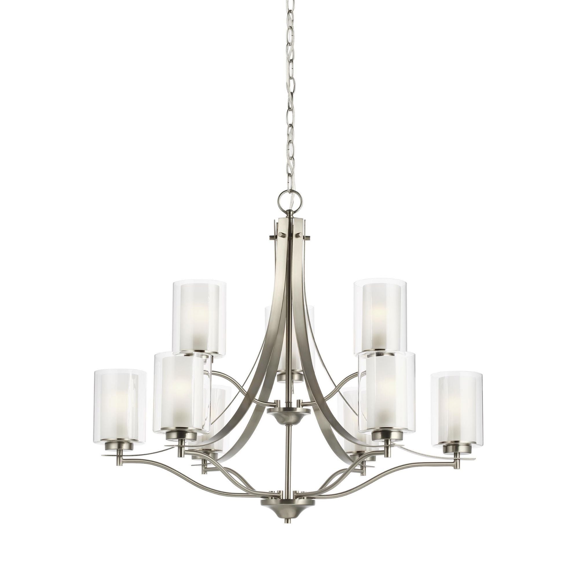 Elmwood Park Nine Light Chandelier LED Traditional 27.625" Height Steel Round Satin Etched Shade in Brushed Nickel