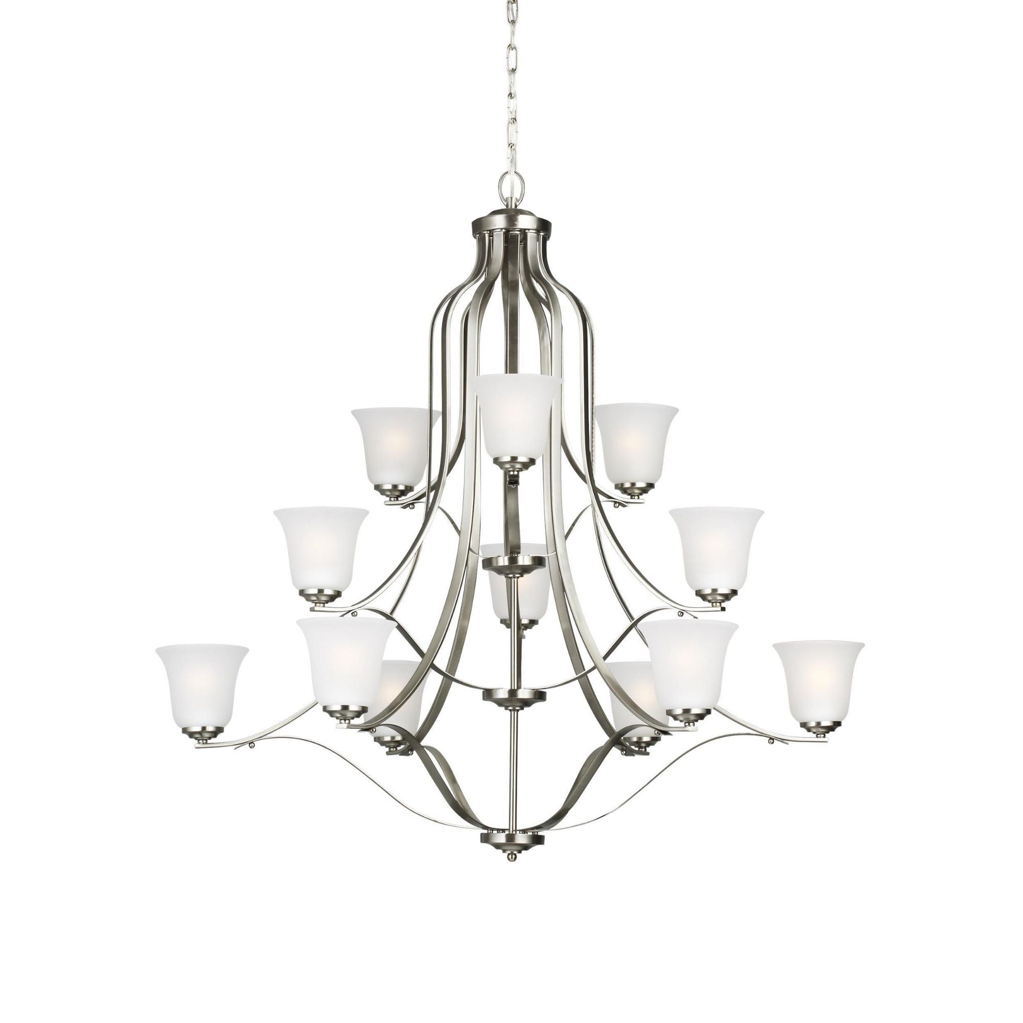 Emmons Twelve Light Chandelier LED Traditional 44" Height Steel Round Satin Etched Shade in Brushed Nickel