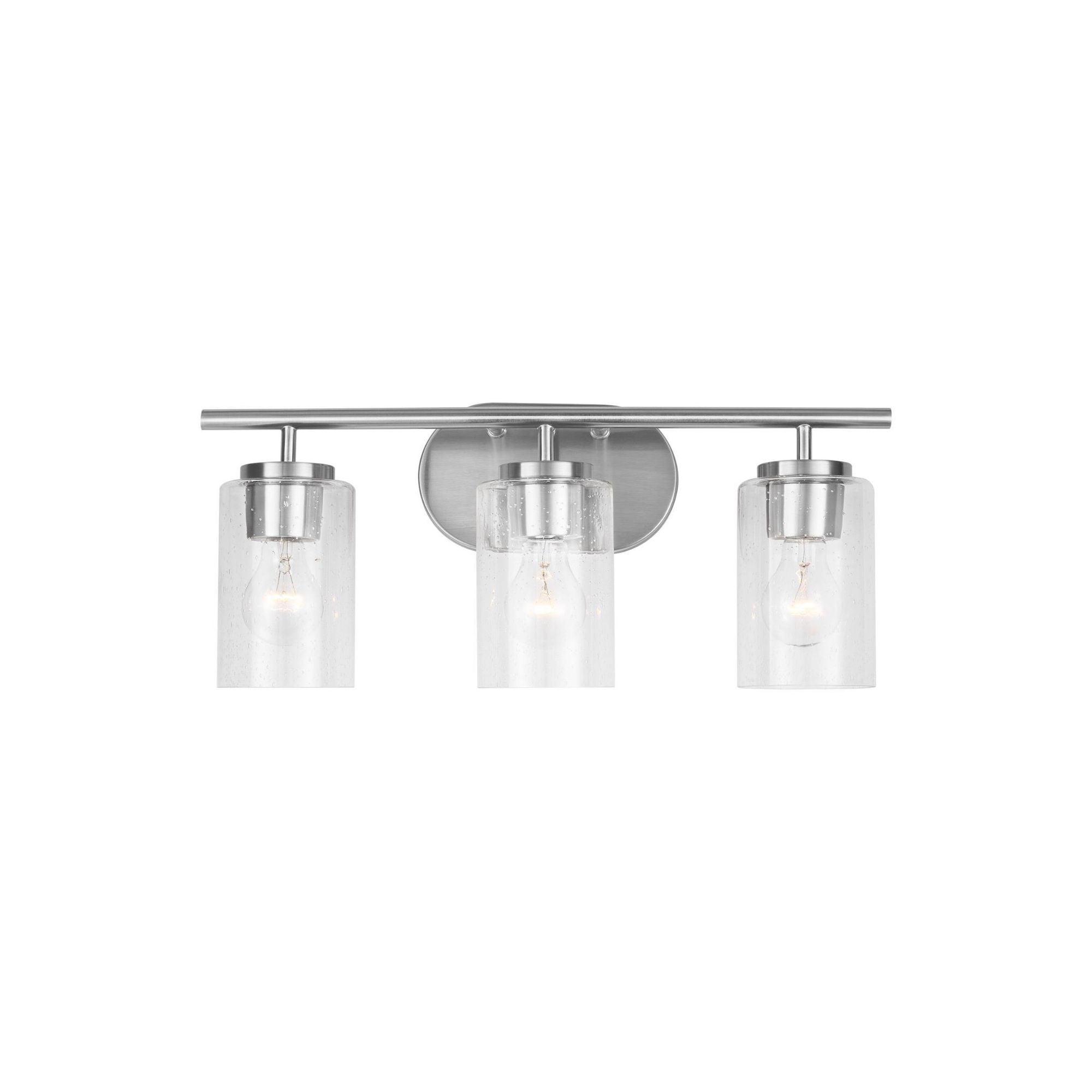 Oslo Three Light Wall / Bath Contemporary Fixture 20" Width 8.5" Height Steel Round Clear Seeded Shade in Brushed Nickel