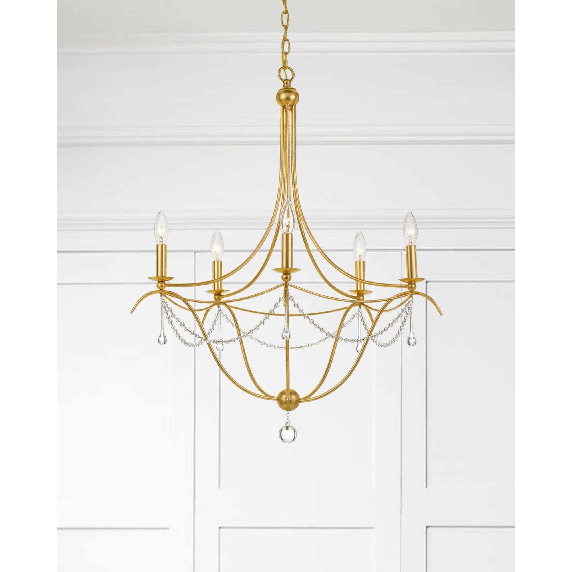 Metro 5 Light Antique Gold Chandelier Clear Glass Beads 27.5"W x 33.5"H x 27.5"D