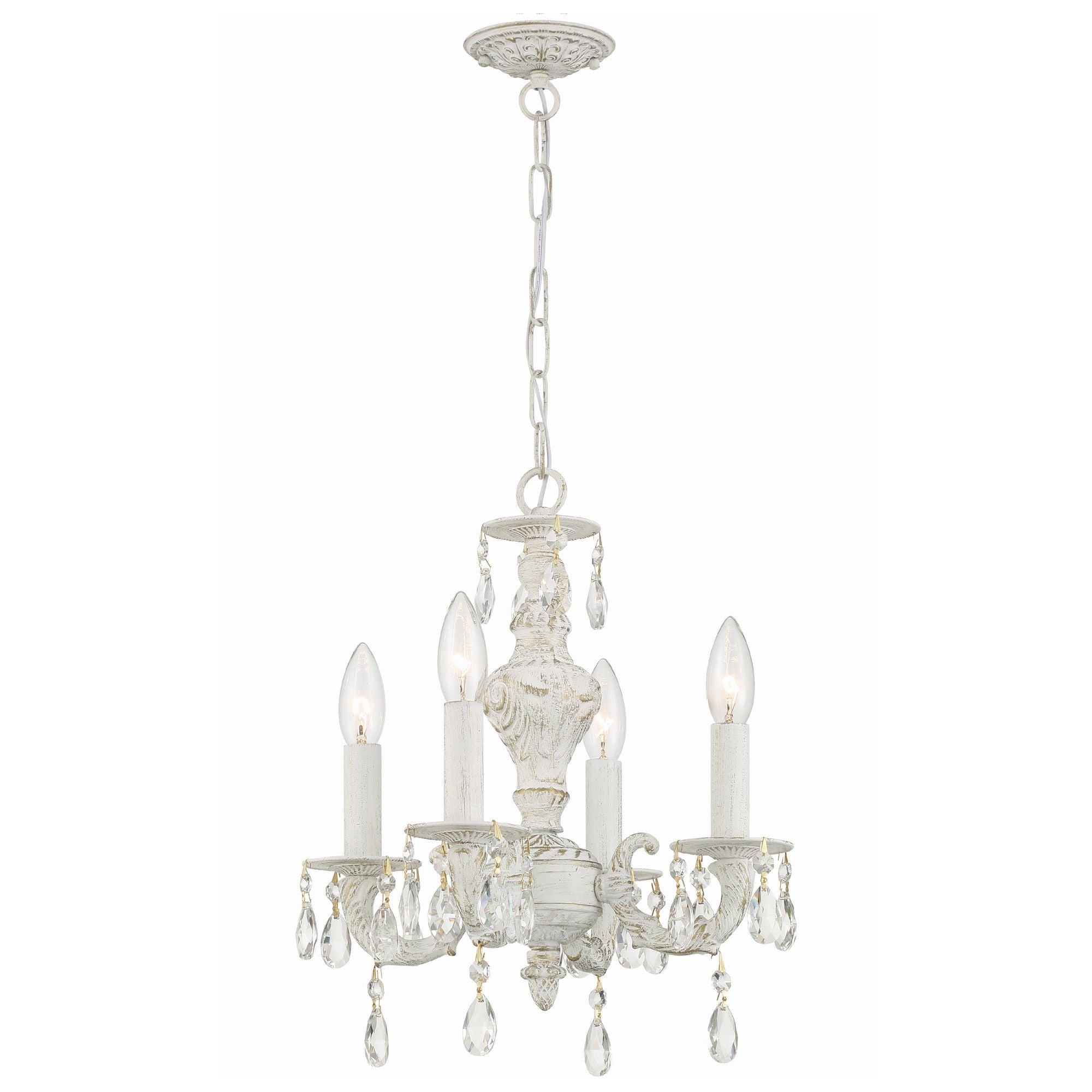 Paris Market 4 Light Clear Crystal Antique White Mini Chandelier Hand Cut Crystal 13.5"W x 15"H x 13.5"D